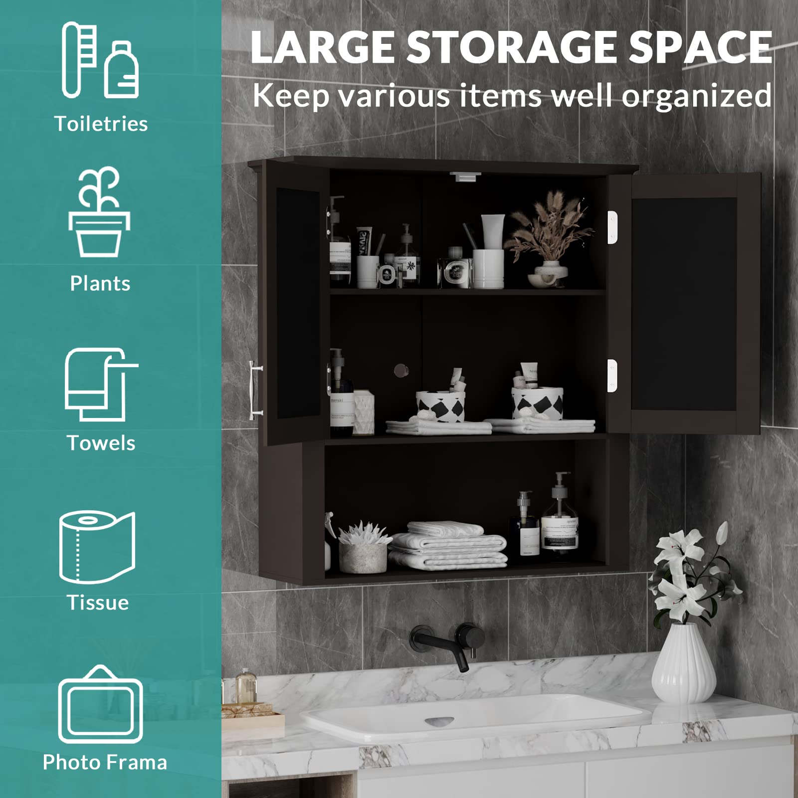 MEETWARM Wall Mounted Bathroom Cabinet with Adjustable Shelves - Double Door Wood Medicine Storage Organizer for Over The Toilet Space - Perfect for Bathroom Organization and Small Space Storage