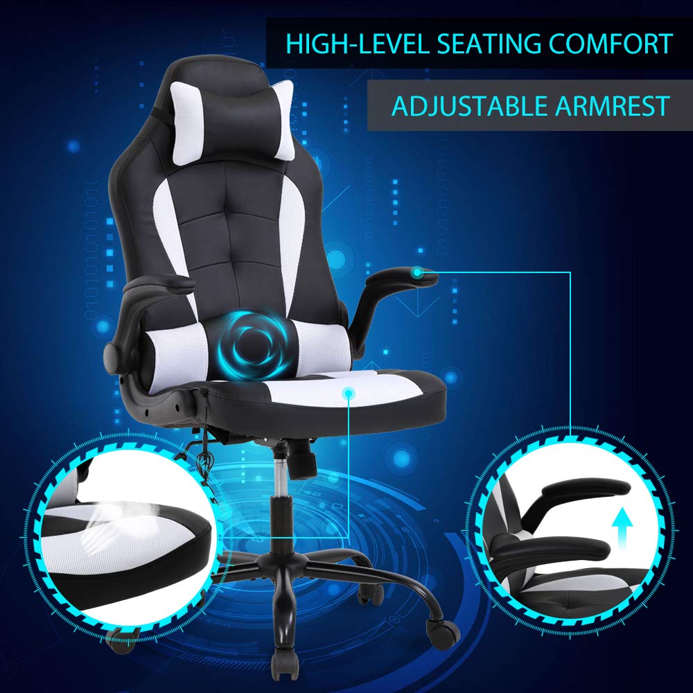 Ergonomic Gaming & Office Chair with Lumbar Support, Adjustable Height & Flip-up Arms - High Back PU Leather Executive Desk Chair for Adults - Perfect for Home Office, Gaming Setup & Workstation Comfort
