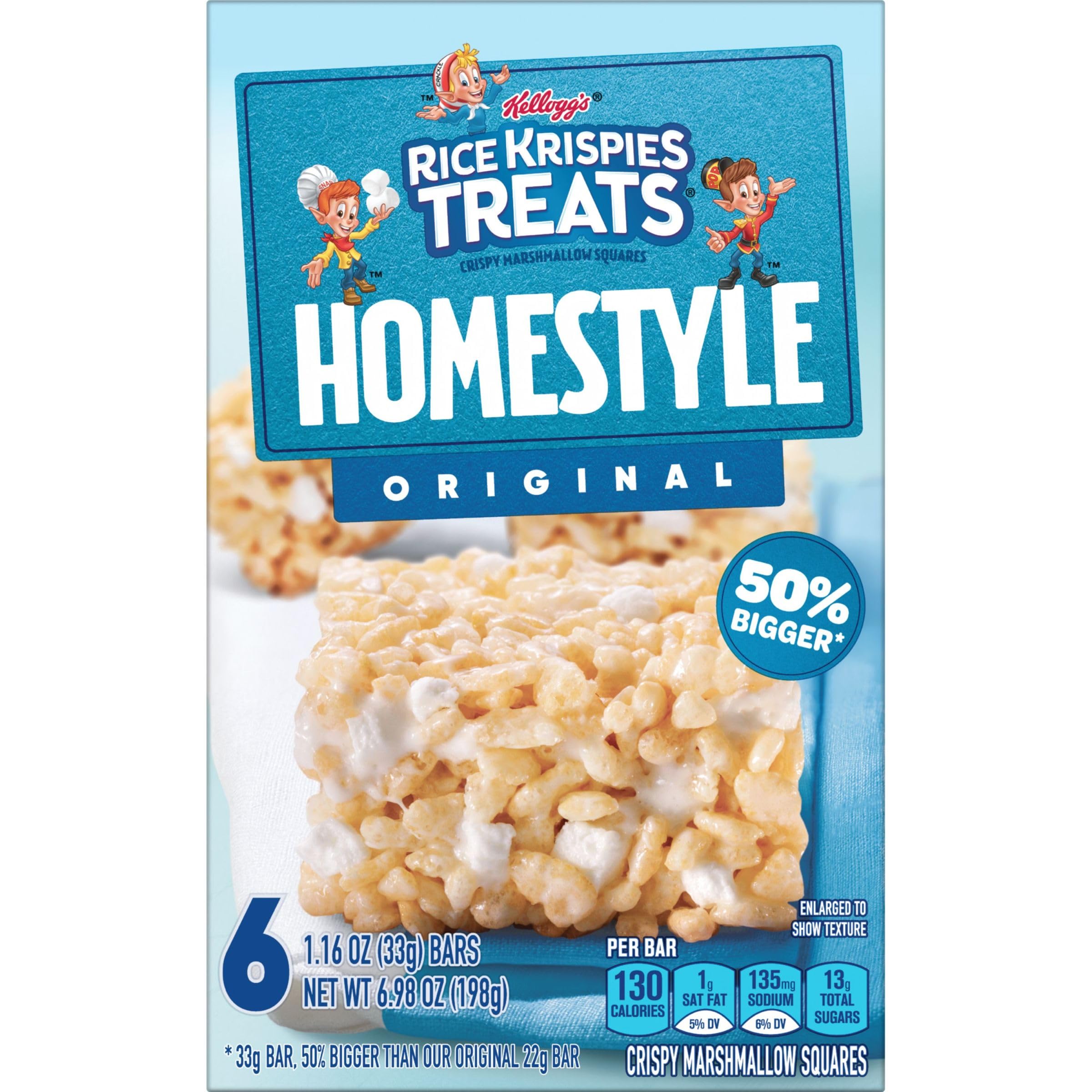 Kellogg's Rice Krispies Treats Homestyle Crispy Marshmallow Squares - Original Flavor Cereal Bars (6.98oz Box, 6 Bars) | Kids Snacks, Lunchbox Treats & After-School Snacks for Children