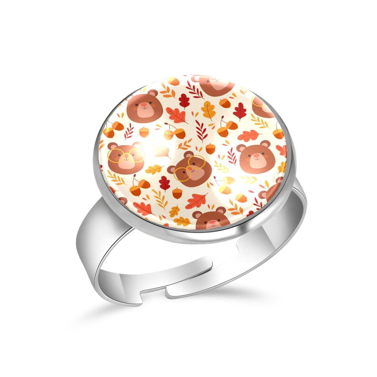 Animal Bear & Autumn Leaves Pattern Stainless Steel Rings for Women & Men - Adjustable Crystal Glass Rings for Everyday Wear, Gift Giving & Fashion Accessories