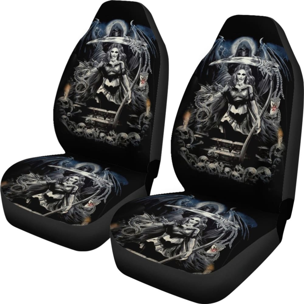 2 Pcs Gothic Skull Car Seat Covers - Universal Fit for Cars, Trucks & SUVs - Black PU Leather with Skull Design - Perfect for Halloween, Car Enthusiasts & Gothic Style Lovers