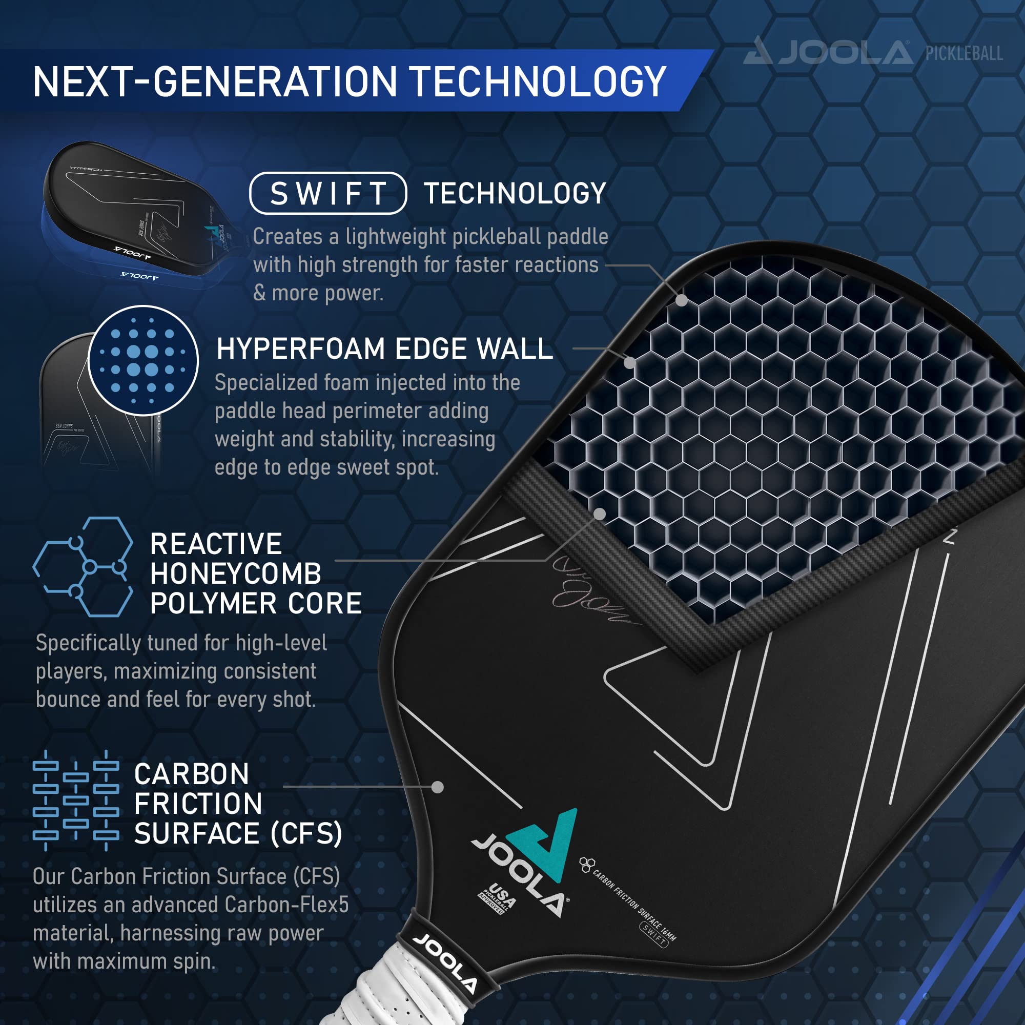 JOOLA Ben Johns Hyperion CFS Swift Pickleball Paddle - USAPA Approved Carbon Fiber Pickleball Racket for Tournament Play - High Grit Surface for Maximum Spin & Speed - Perfect for Competitive Players & Outdoor Games