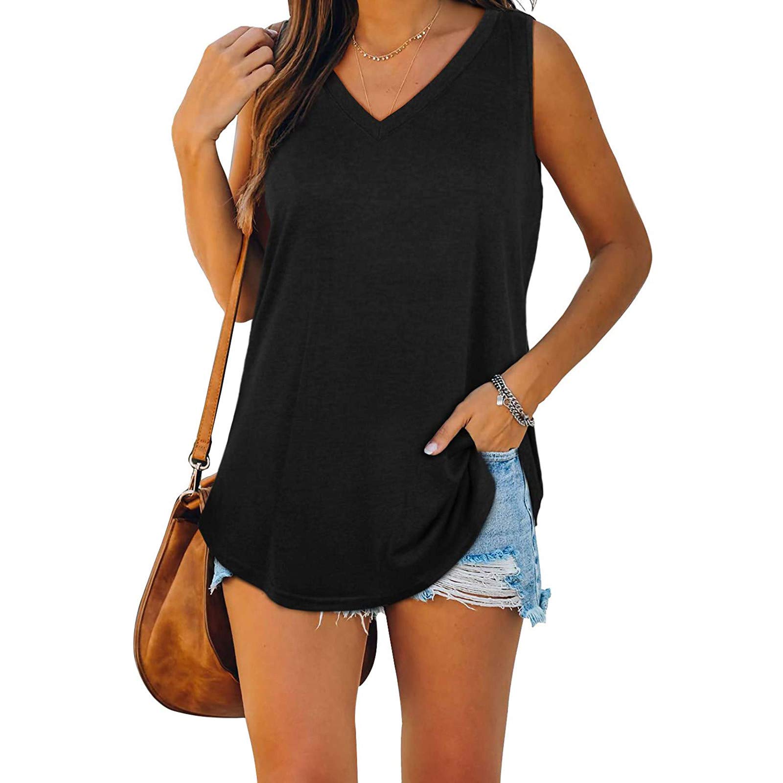 Women's Summer V-Neck Tank Tops - Solid Color Sleeveless Tee Shirts & Blouse Tops (Black) | Casual Wear, Beach Outfits, Yoga Clothes & Everyday Comfort