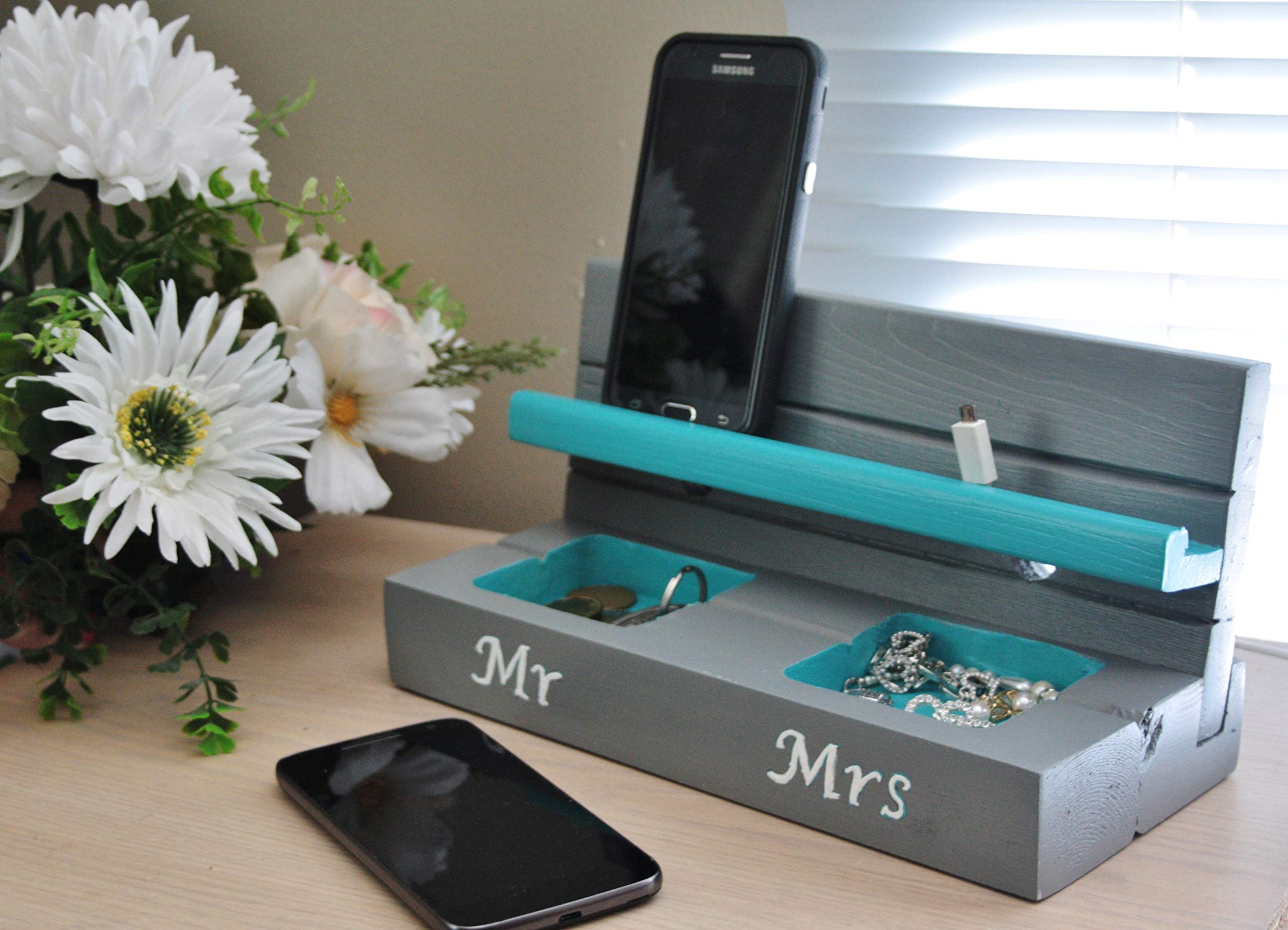 Handmade Gray & Turquoise Cell Phone Stand & Charging Station - Holds & Charges 2 Phones - Nightstand Organizer - Perfect Gift for Couples (Mr & Mrs) - Ideal for Bedroom, Office & Travel Accessories
