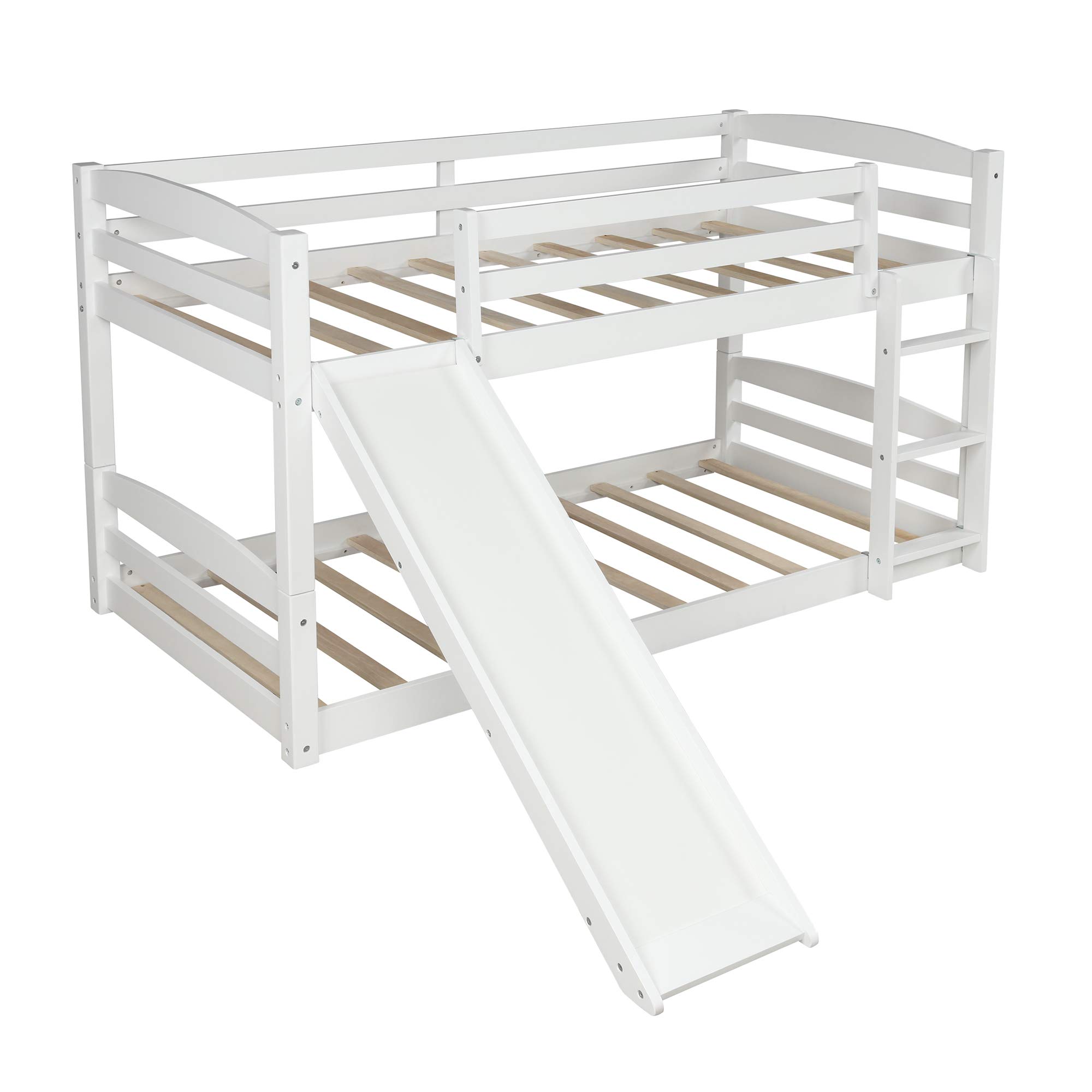 Kids Twin Bunk Beds with Slide & Built-in Ladder - Convertible Wooden Low Profile Bunk Bed for Children, No Box Spring Needed (White) - Perfect for Small Bedrooms, Shared Kids Rooms & Sleepovers