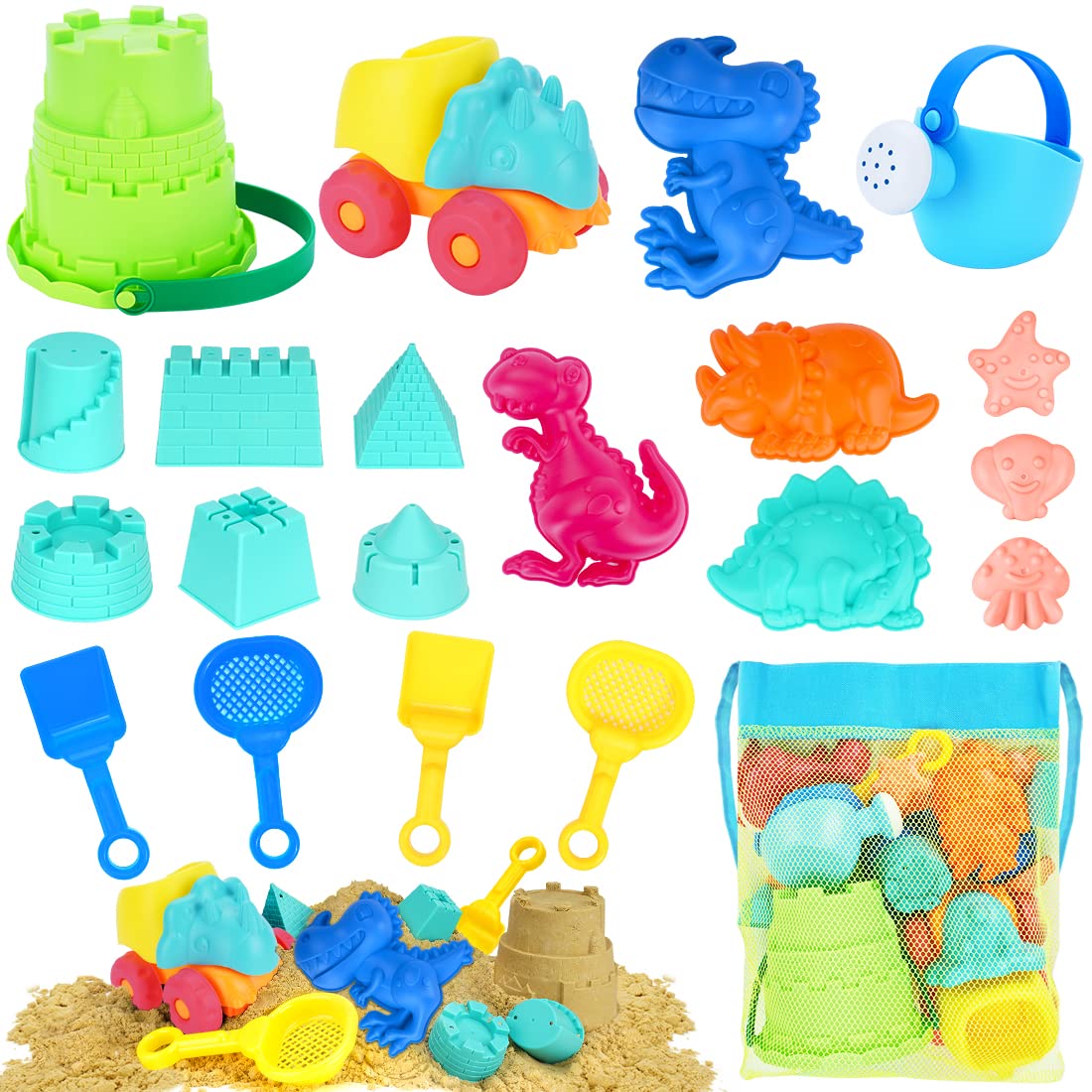 Dinosaur Beach Sand Toys Set for Kids & Toddlers - 21Pcs Sand Castle Building Kit with Dino Dump Truck, Bucket, Shovel, Sieve & Molds - Outdoor Sandbox & Beach Play Toys for Boys & Girls - Perfect for Backyard, Park & Vacation Fun