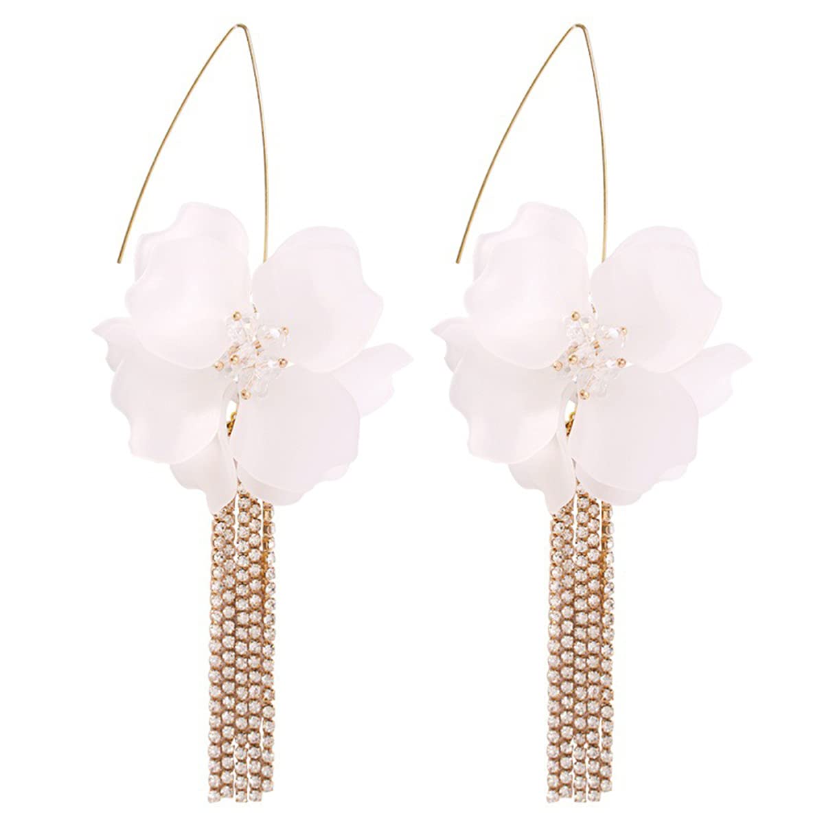 Boho Flower Petal Dangle Drop Earrings for Women - Gold Rhinestone Tassel Chain Fringe Acrylic Resin Floral Earrings - Crystal Statement Bridal Hoop Earrings for Wedding, Party & Special Occasions (White)