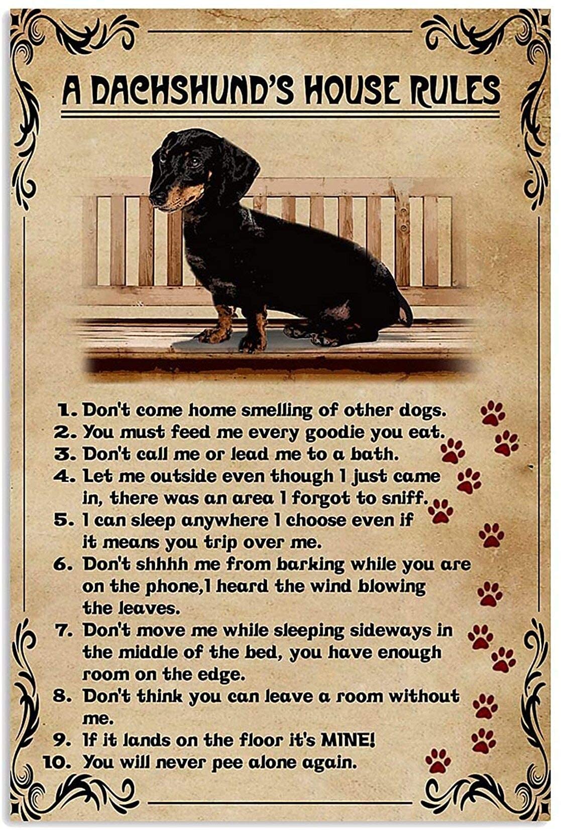Vintage Dachshund Metal Sign - Retro Dog House Rules Poster for Home, Farm & Club Decor - 12x17 Inch Printed Wall Plaque - Perfect for Living Room, Bar, Man Cave & Country Style Decor