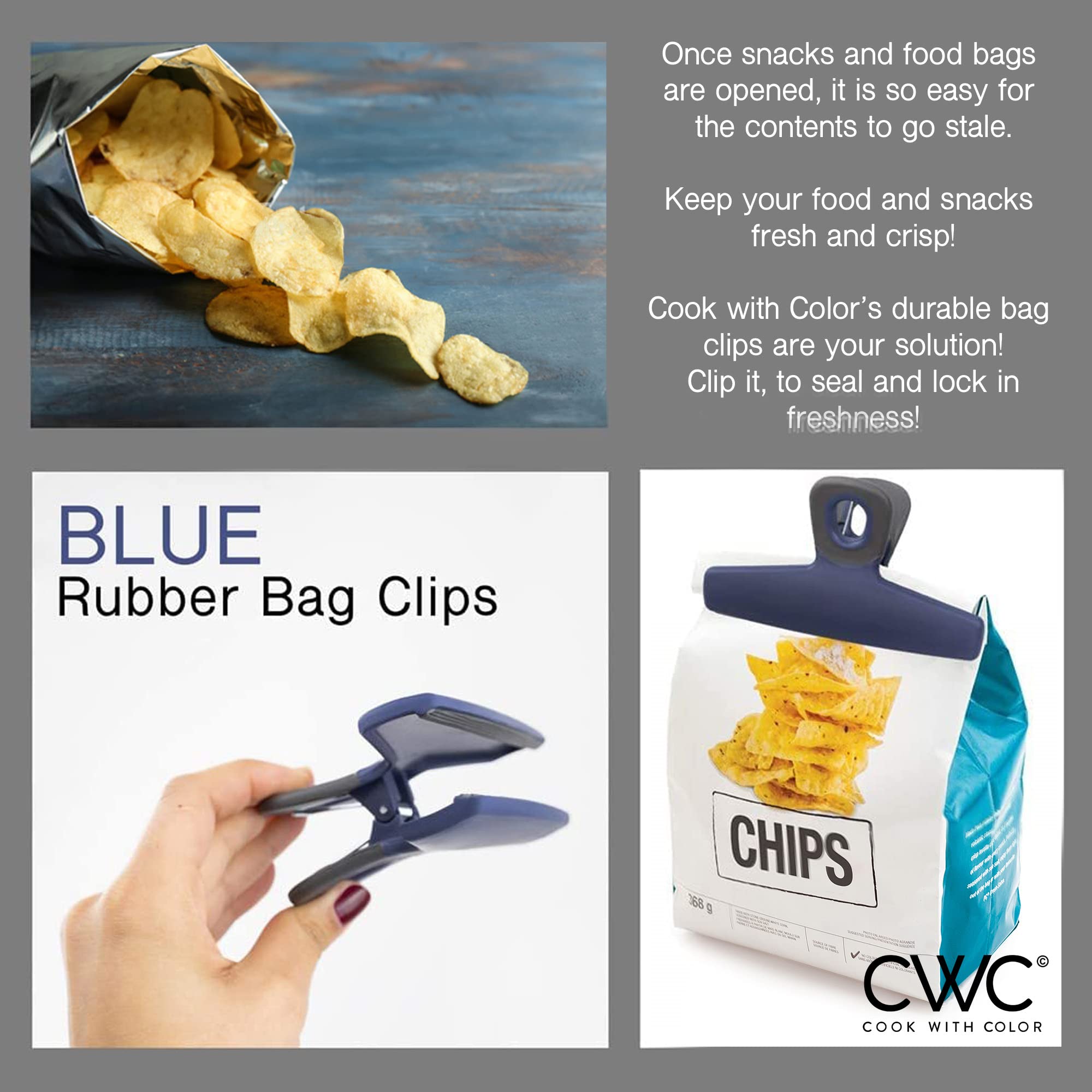 COOK WITH COLOR Heavy Duty Food Storage Clips - Wide Large Bag Clips with Airtight Seal Grip for Chips, Snacks & Groceries (Pack of 8, Blue) - Perfect for Kitchen Organization & Pantry Storage