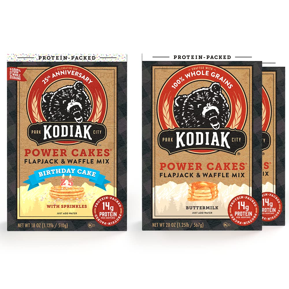 Kodiak Cakes Power Cakes Variety Pack - Protein Pancake Mix & Waffle Mix - 100% Whole Grain Buttermilk (2 x 20oz) & Birthday Cake (1 x 18oz) - High Protein Breakfast for Active Lifestyles & Family Brunch