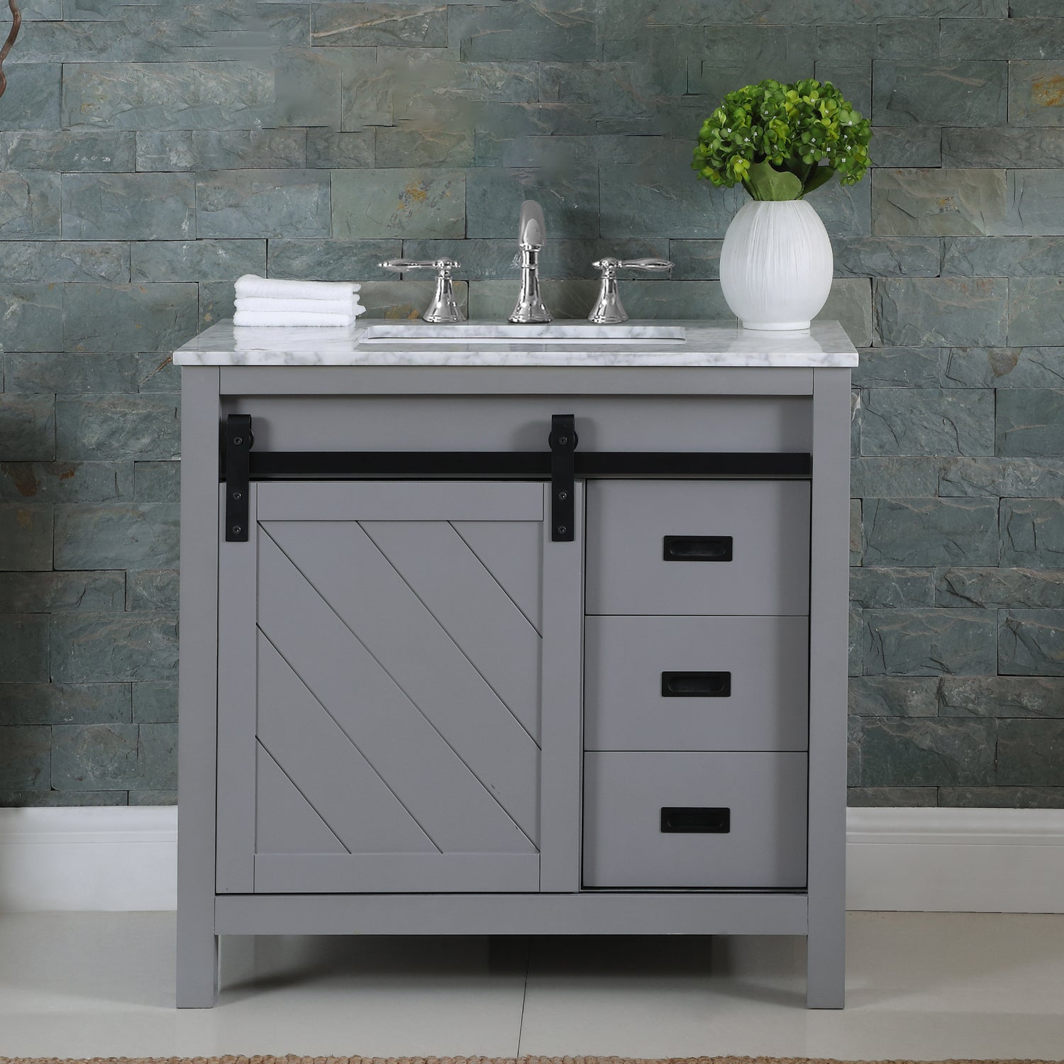 Kinsley 36 Inch Single Bathroom Vanity Set with Carrara White Marble Countertop - Modern Sink Cabinet for Small Bathroom Remodel & Home Upgrade