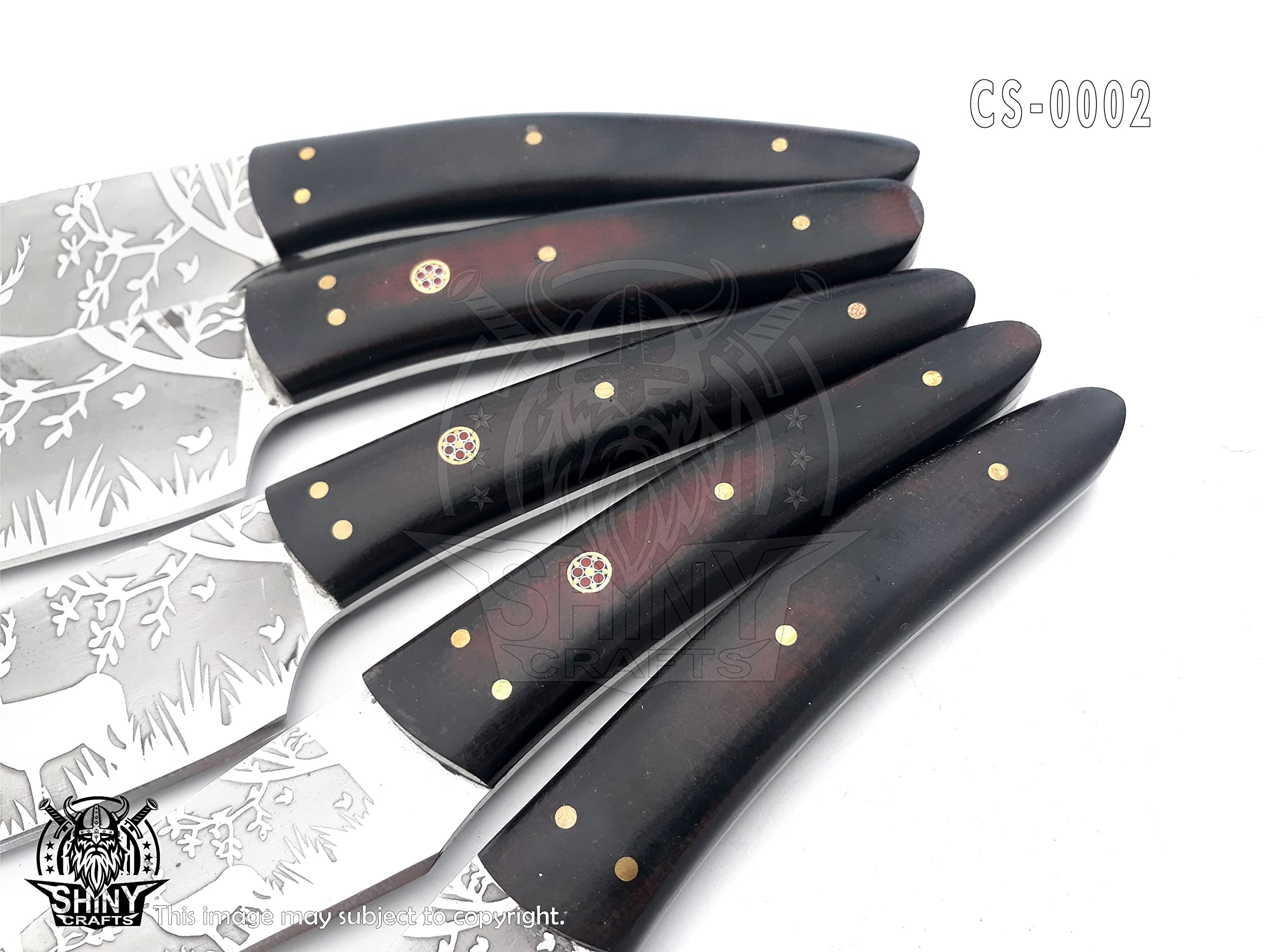 Premium Handmade Etched Forest Kitchen Knife Set - D2 Steel Blade, Wood Handle, Leather Pouch Roll - High Tempered Razor-Sharp Chef Knives for Professional Cooking & Outdoor Camping (CS-02)