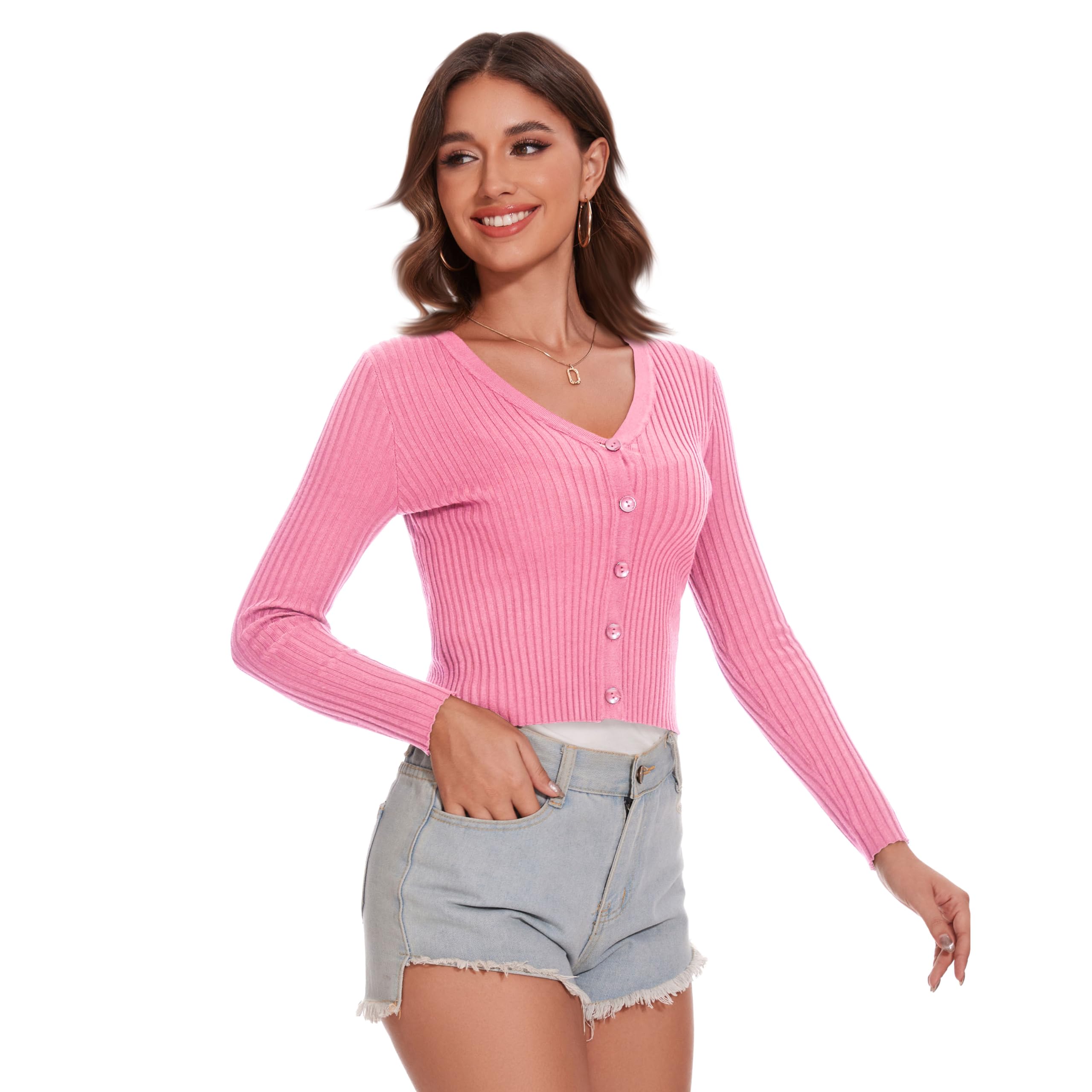 Women's Cropped V-Neck Cardigan - Long Sleeve Button Down Ribbed Knit Sweater Shrug | Perfect for Office Wear, Date Nights & Casual Outfits