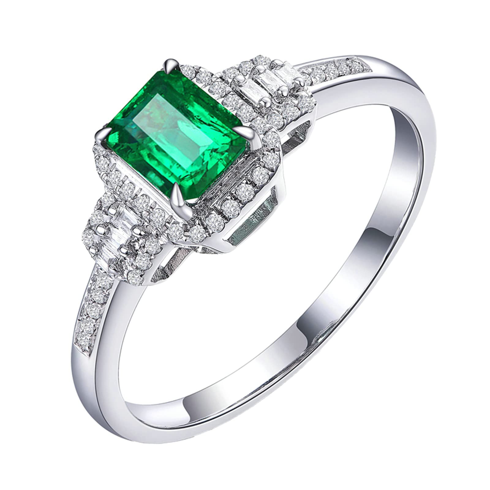 18K White Gold & Sterling Silver Women's Rings - Created Emerald Moissanite/Zirconia Wedding Band for Women | Elegant Everyday Jewelry & Special Occasion Gift