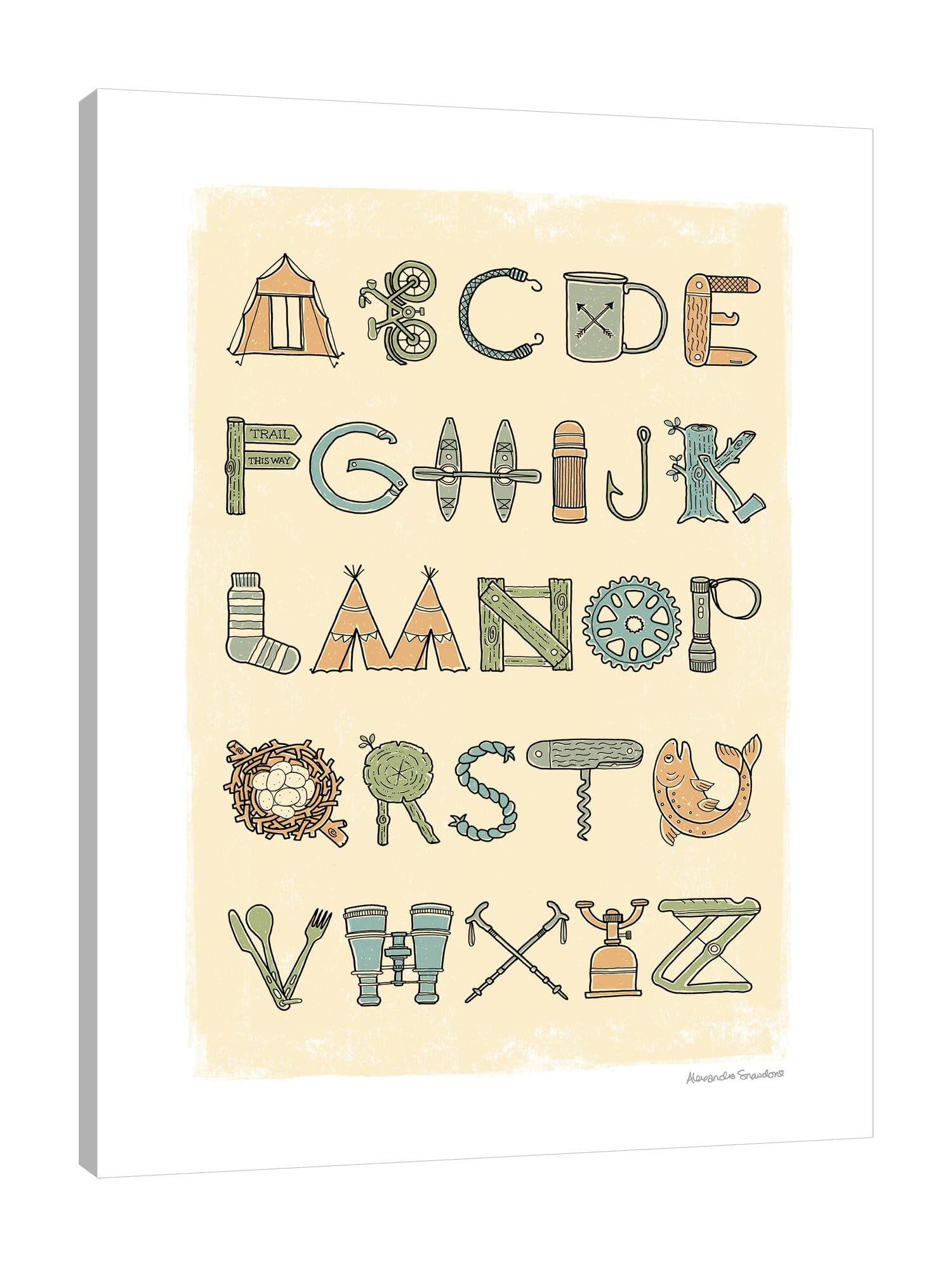 Jaxson Rea Camping Alphabet Gallery Wrapped Canvas Print by Alexandra Snowdon - 30x40 Inch Nature-Themed Wall Art for Kids Room, Nursery, or Cabin Decor