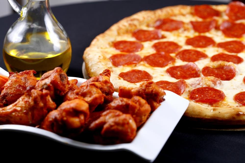Wallmonkeys Peel and Stick Wall Mural - 72x48 Inch Pepperoni Pizza & Chicken Graphic Decal | Removable Wall Art for Kitchen, Diner, Pizza Restaurant Decor | WM350881
