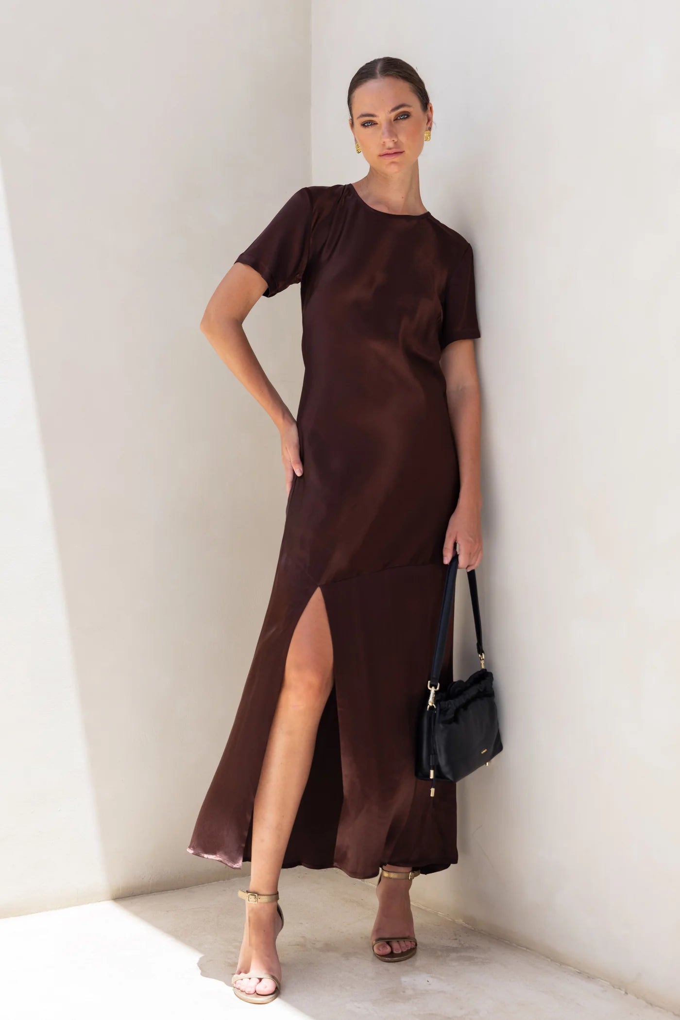 Elegant SS Satin Maxi Dress for Women | Romantic Chocolate Brown Long Dress | Perfect for Date Nights, Weddings & Special Occasions