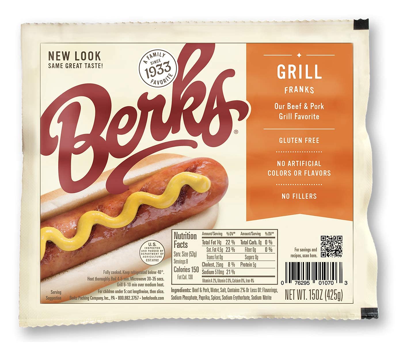 Berks Beef and Pork Grill Hot Dogs - Gluten Free, 24 Count (8 per Pack, Pack of 3) - Perfect for BBQs, Camping, and Family Gatherings