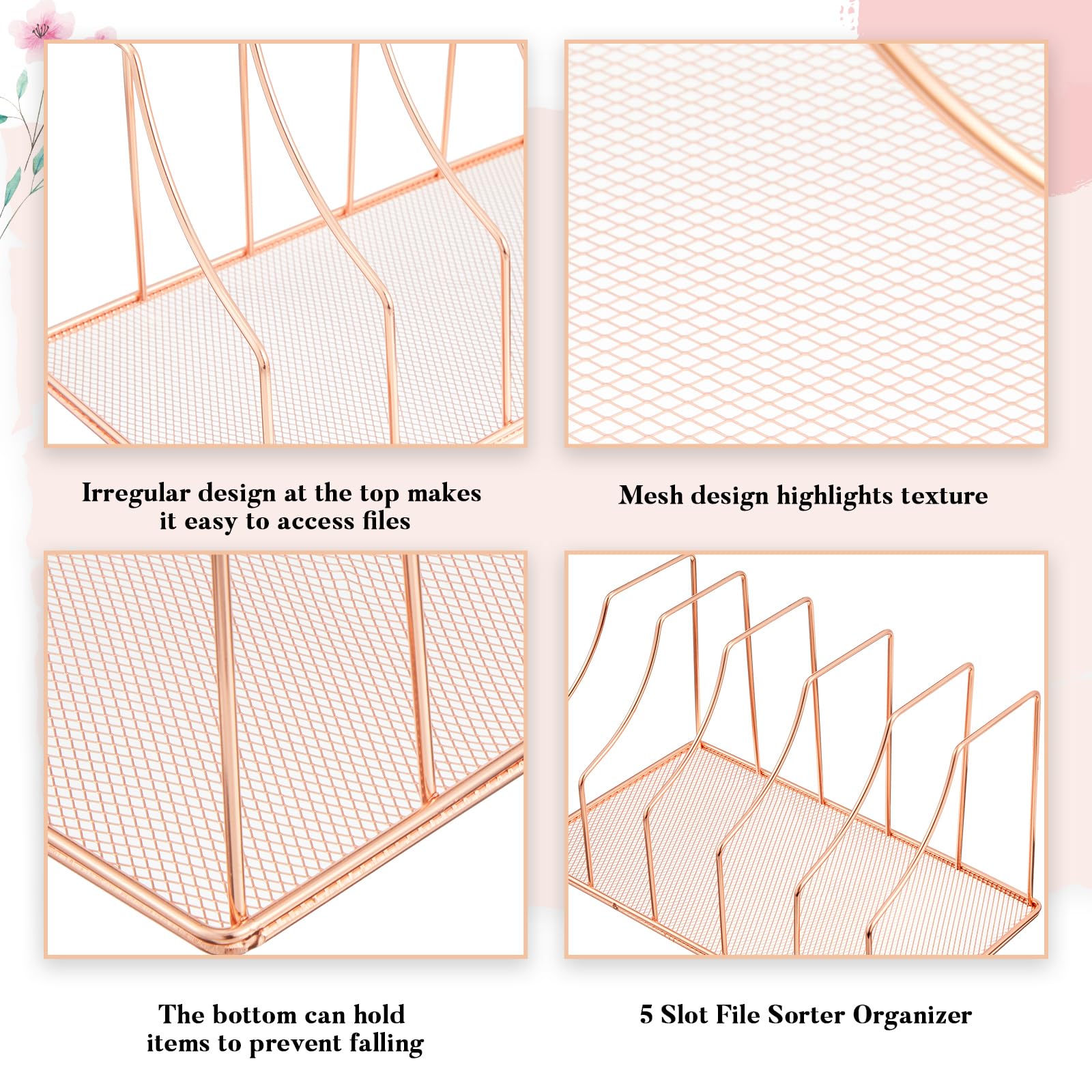2-Pack 5-Slot Wire File Organizer & Magazine Holder - Rose Gold Desktop File Sorter for Office, Home, or School - Perfect for Desk Organization, Paper Storage, and Document Management