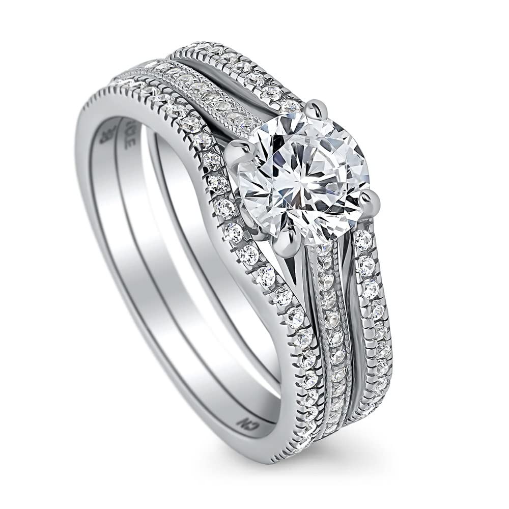 BERRICLE Sterling Silver Solitaire Wedding & Engagement Ring Set - 1 Carat Round Cut Cubic Zirconia (CZ) Wishbone Design for Women, Rhodium Plated, Size 4-10 - Perfect for Proposals, Anniversaries & Special Occasions