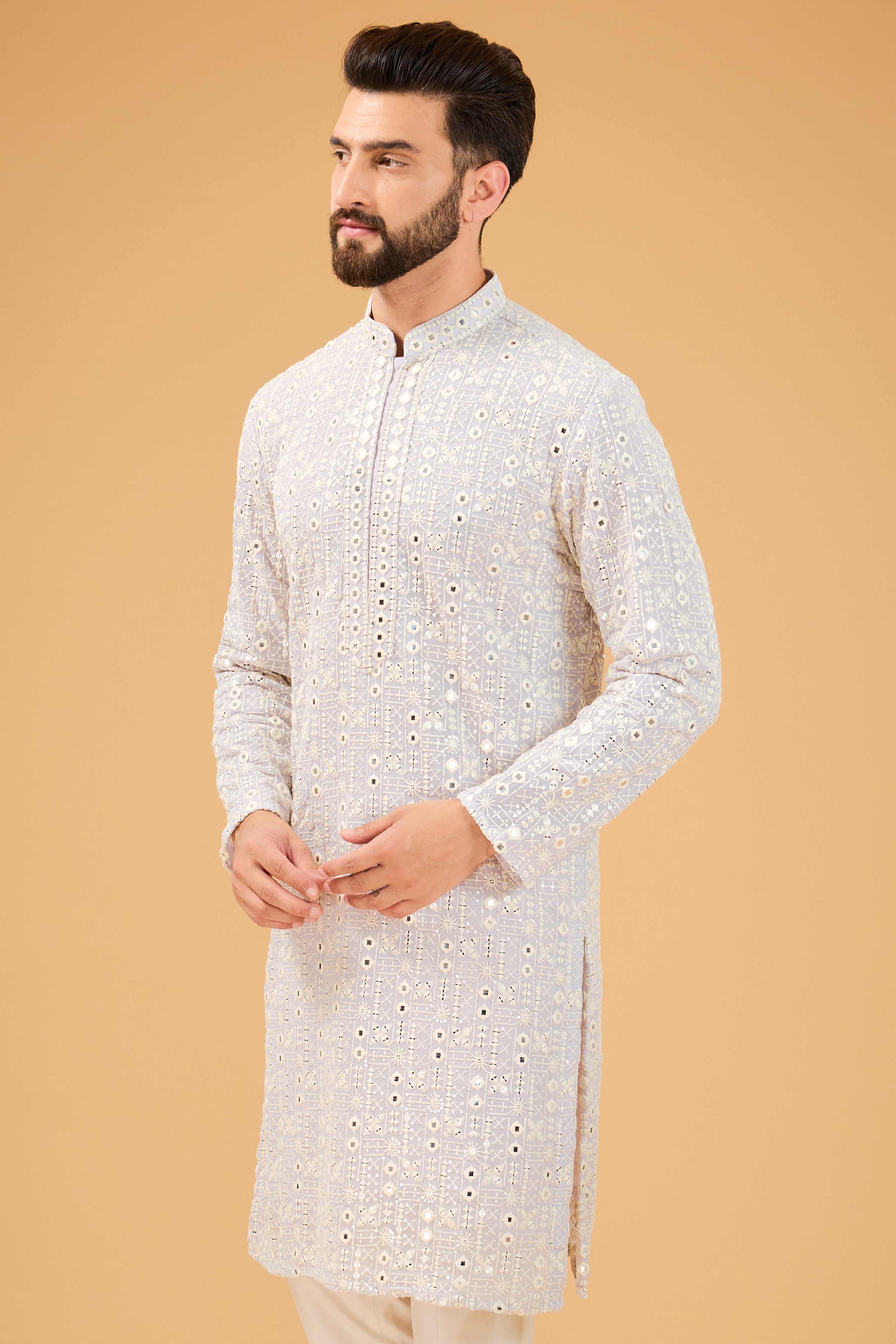Lilac Mirror Work Kurta with Intricate Neckline - Elegant Embroidered Indian Tunic for Women - Perfect for Festivals, Weddings & Special Occasions