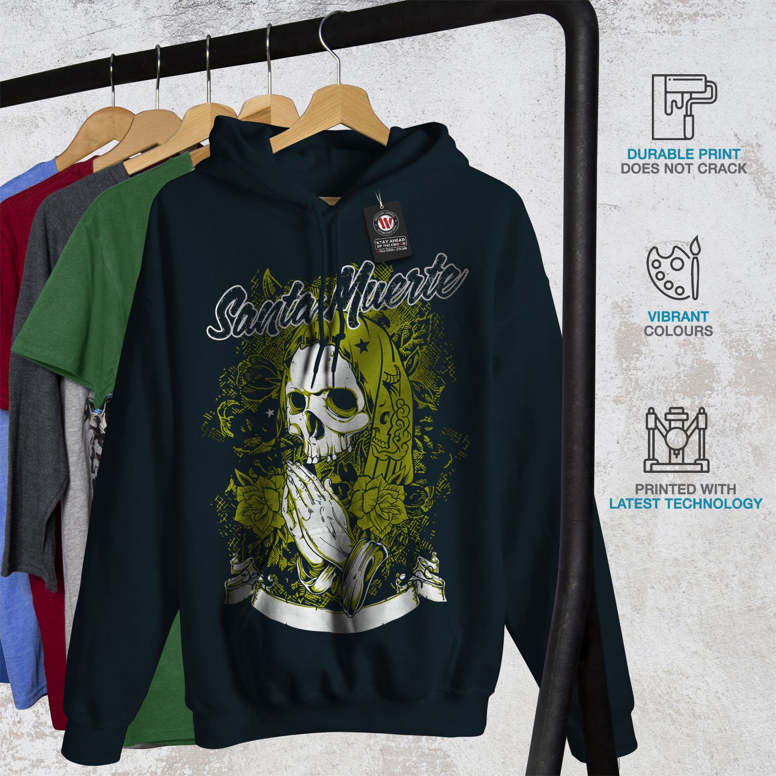 Wellcoda Santa Muerte Skull Men's Hoodie - Gothic Death Design Pullover Sweatshirt for Streetwear, Halloween Costume & Gothic Fashion