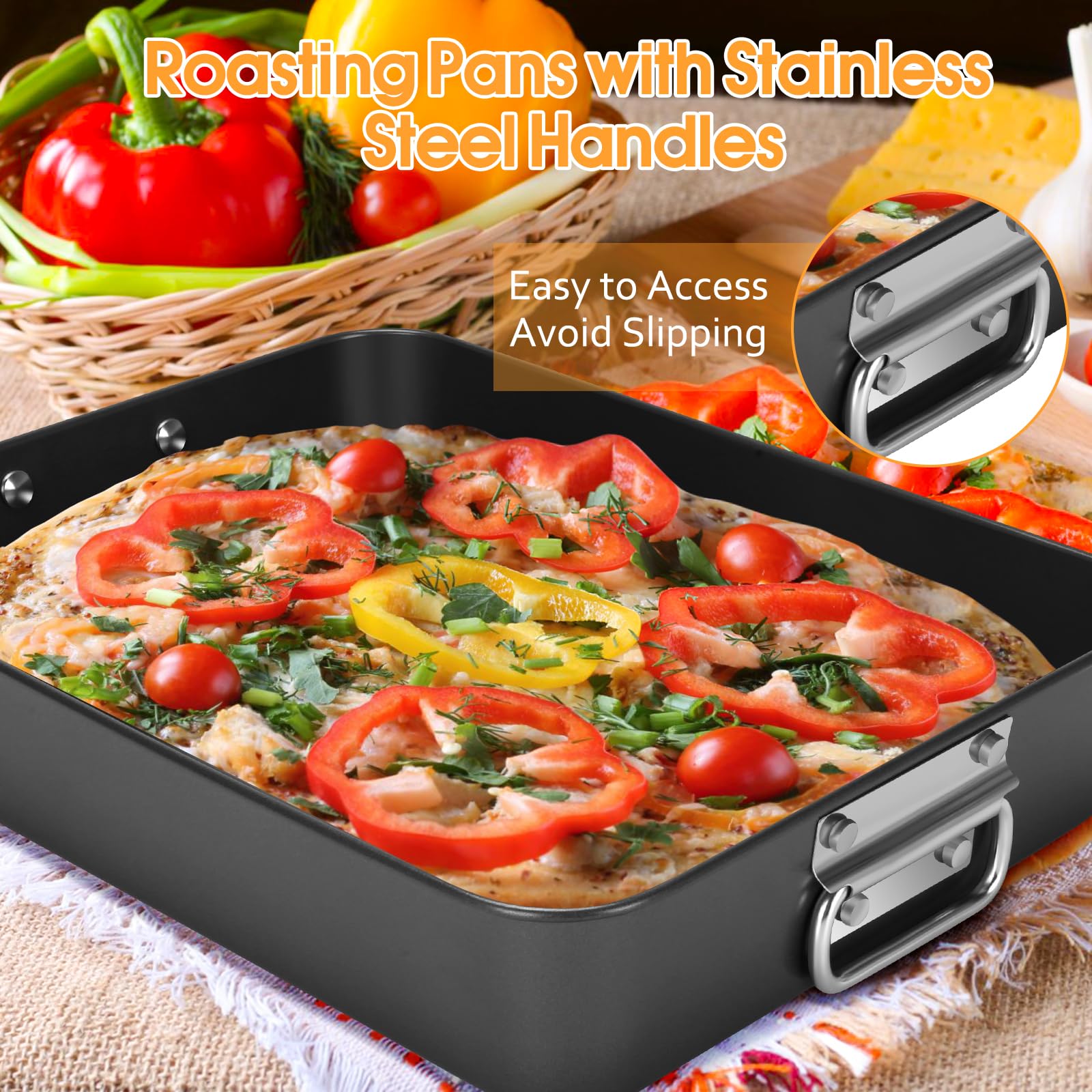 2-Pack 13.7x16 Inch Deep Lasagna Baking Pans - 3 Inch Depth Nonstick Roasting Pans with Handles, Heavy Duty Oven Safe Rectangular Cake Pans, Dishwasher Safe Dark Grey - Perfect for Family Dinners, Holiday Cooking & Meal Prep