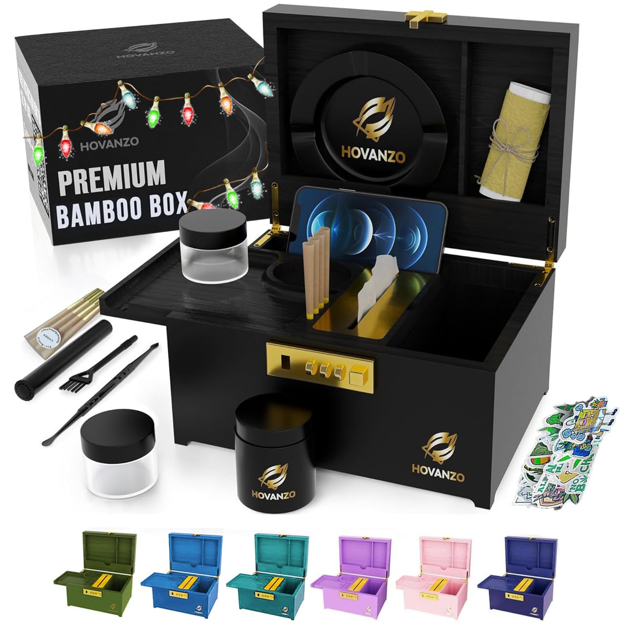 Premium Large Bamboo Storage Box with Combination Lock - Decorative Wooden Locking Box with Rolling Tray & Accessories - Ideal for Jewelry, Cash, Documents & Home Organization (Black)