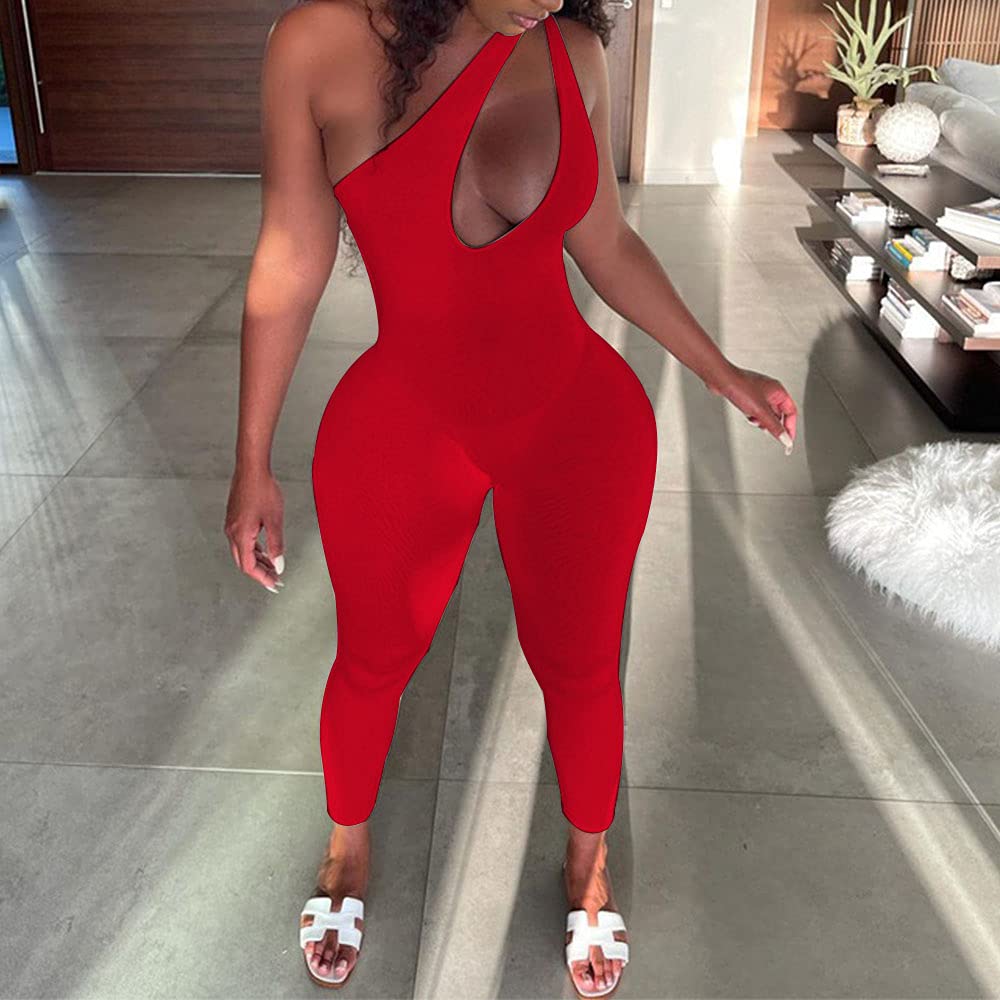SHESEEWORLD Women's Sexy Cutout Sleeveless One Shoulder Bodycon Jumpsuit - Backless Party Romper for Club, Date Night & Special Occasions