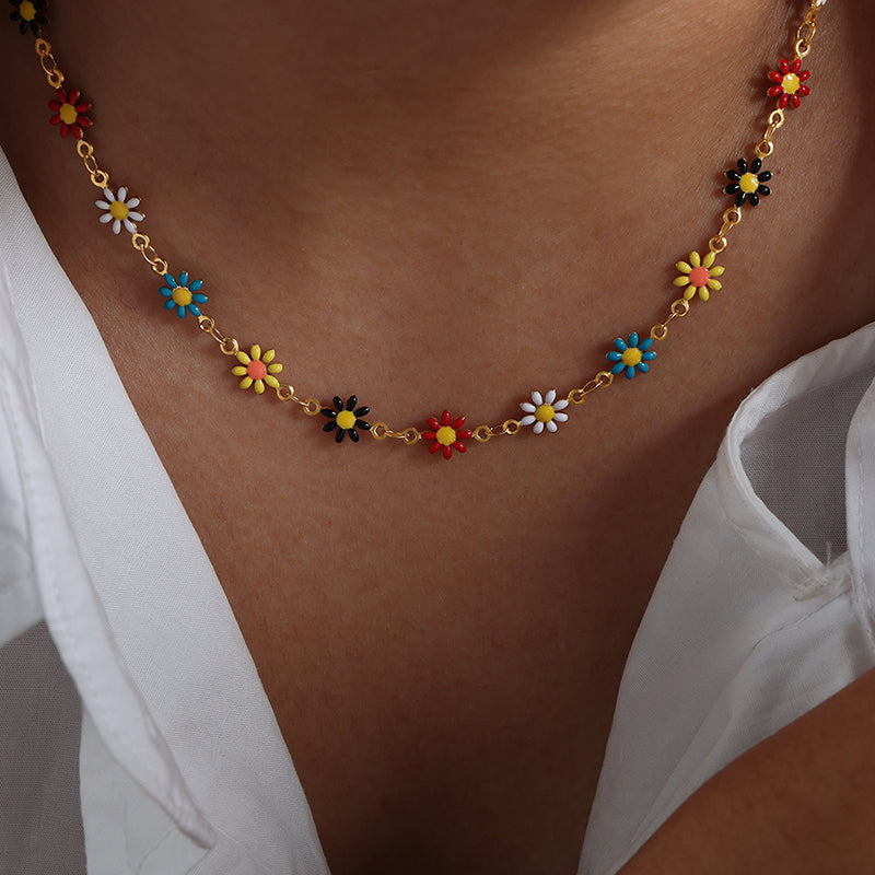 Bohemian Flower Stainless Steel Jewelry Set for Women - Colorful Necklace & Bracelet Combo | Boho Chic Accessories for Casual Wear, Festivals & Beach Outfits