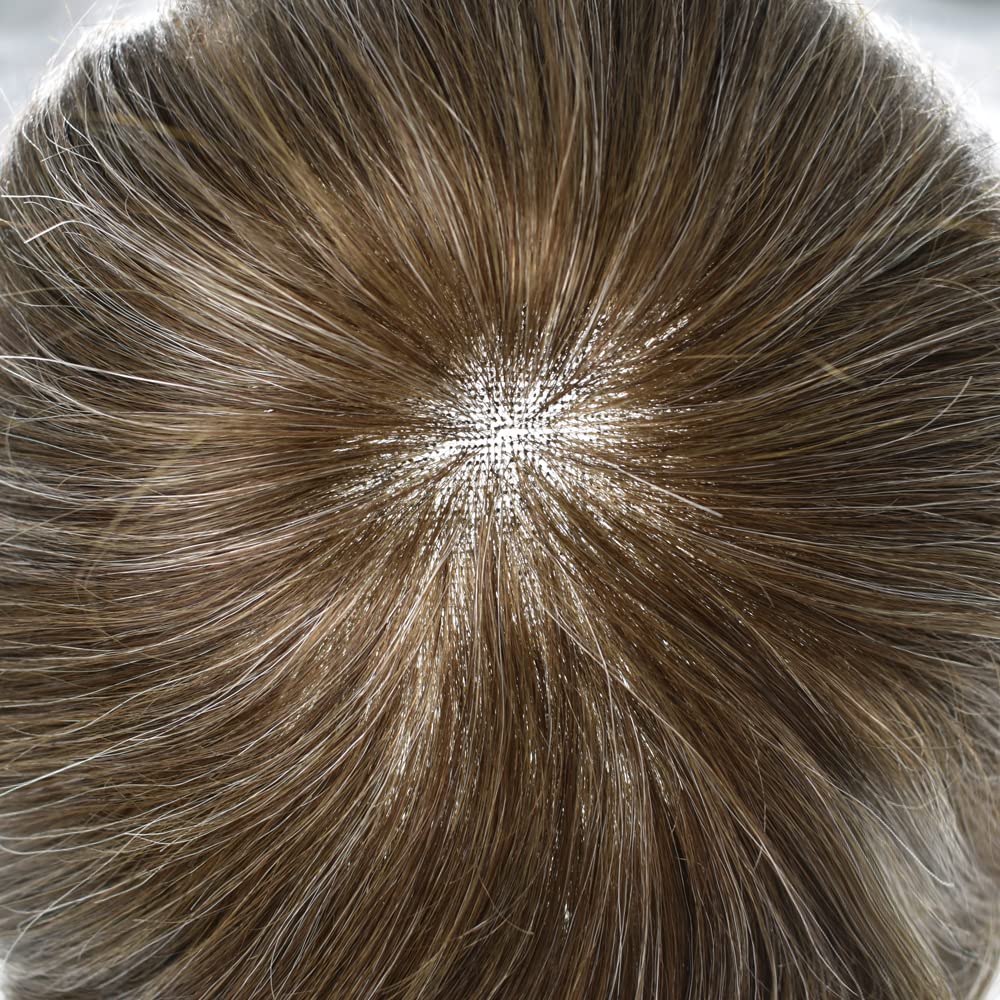 Natural Human Hair Toupee for Men - Swiss Lace Base Hair Replacement System with PU Bleached Knots | 8x10 Inch Light Medium Density (540# Medium Light Brown with 40% Gray) | Perfect for Daily Wear, Special Occasions & Hair Loss Solutions | SINGA HAIR