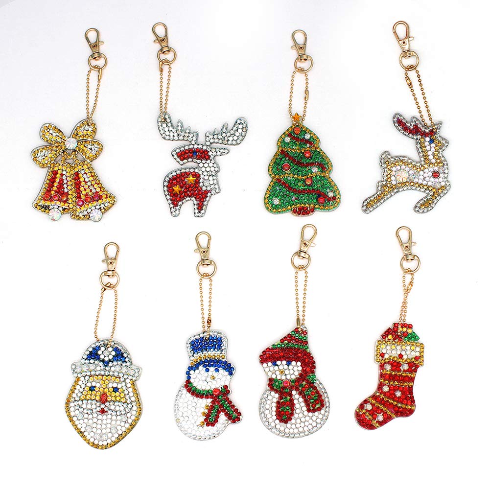 NACOLA 8 PCS Christmas DIY Diamond Painting Keychain Kit - Full Resin Drill Mosaic Numbered Keychain Pendants for Bags, Purses, Phones & Car Decorations - Perfect Holiday Gift & Craft Activity for Kids & Adults