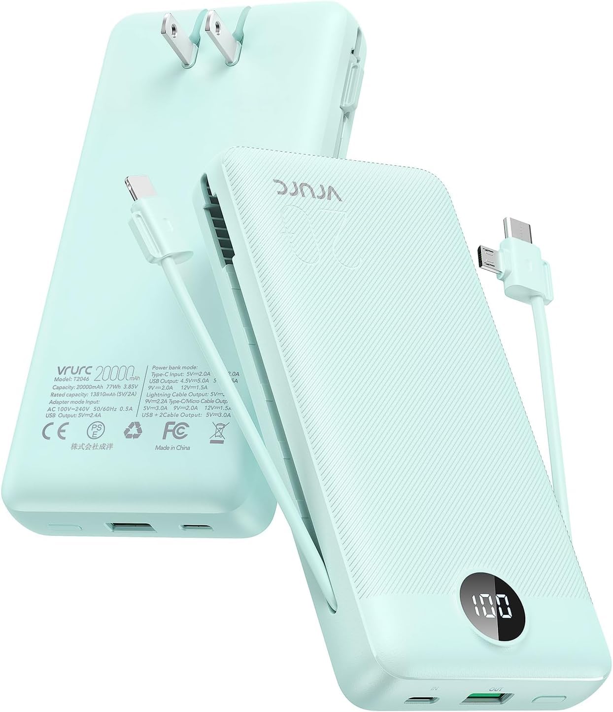 20000mAh Portable Charger with 22.5W Fast Charging | Built-in Wall Plug & USB C Cable | 4 Output 2 Input Power Bank with LED Display | Green External Battery for iPhone, Android, Tablets | Perfect for Travel, Camping & Emergency Power Backup