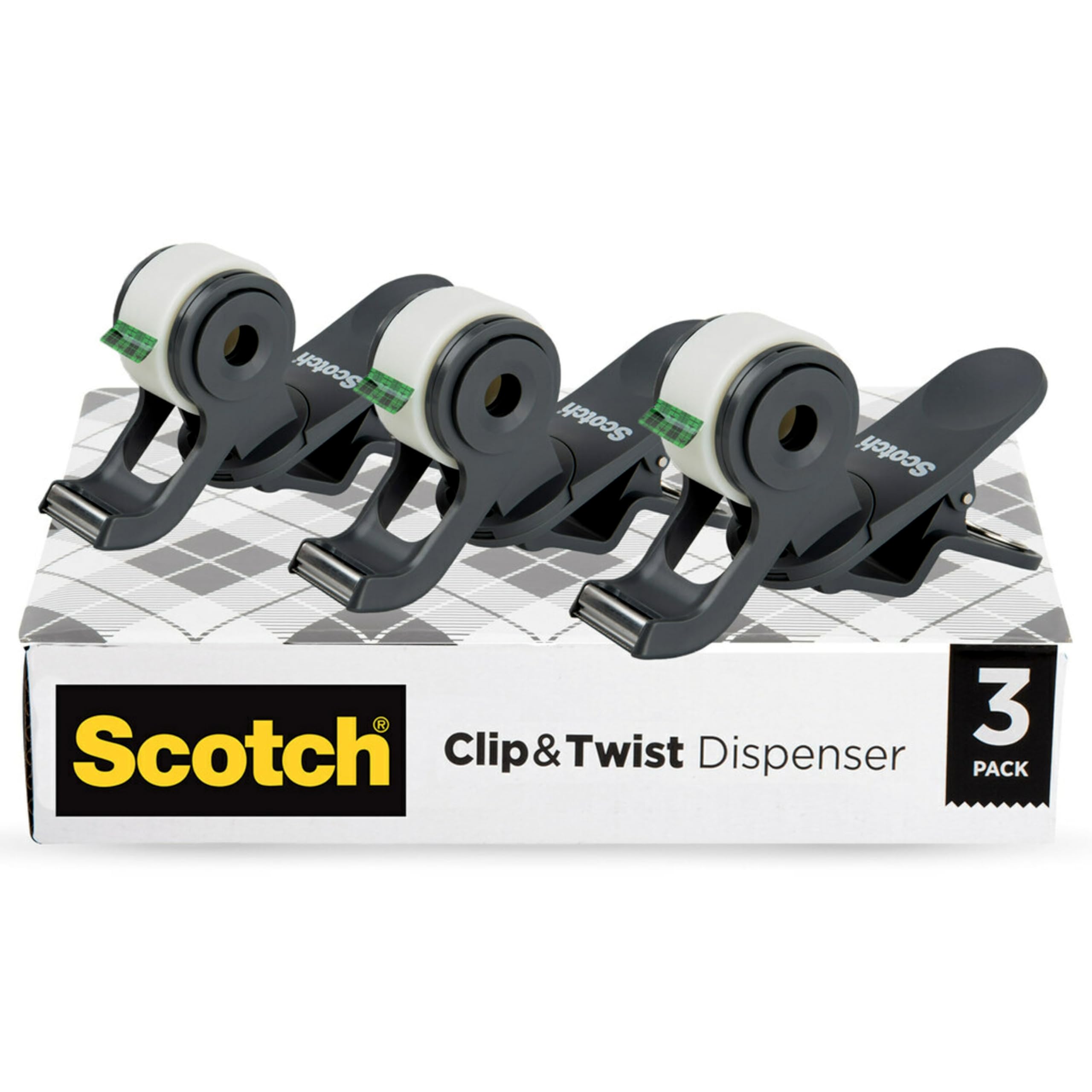 Scotch Brand Clip & Twist Tape Dispenser - 3-Pack, Charcoal Gray, Desk & Table Clip-On for Easy Gift Wrapping, Office Supplies, Crafting & Home Organization (C19-3PK-SIOC)