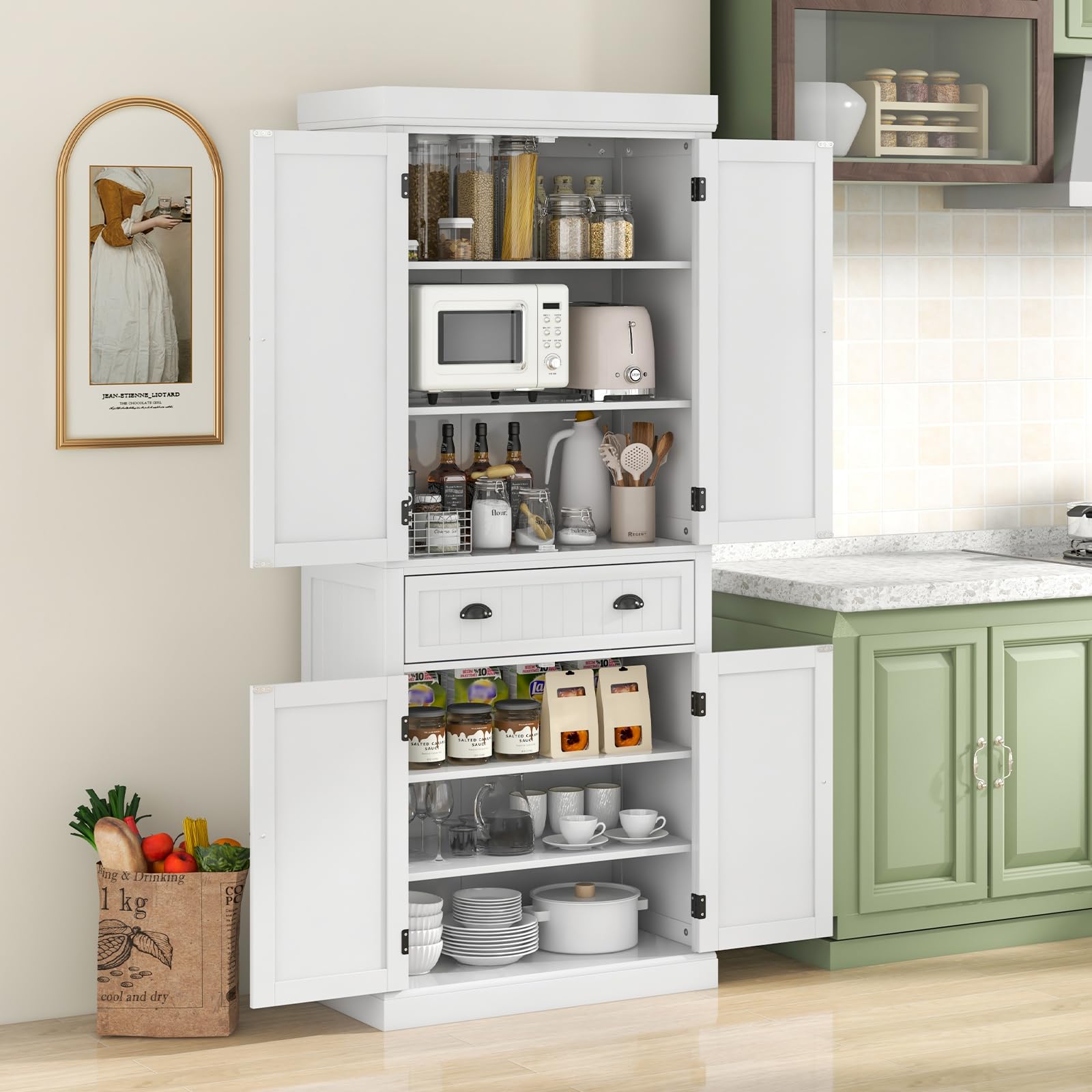 Tangkula 72 Inch Tall Kitchen Pantry Cabinet - Freestanding Storage Cupboard with 2 Cabinets, Drawer & Adjustable Shelves - 30 x 16 x 72 Inches - Perfect for Kitchen, Dining Room & Living Room Organization