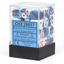 Chessex 36-Piece D6 Dice Set - Astral Blue & White with Red Gemini 12mm Pipped Dice for Tabletop RPGs, Board Games & Collectors