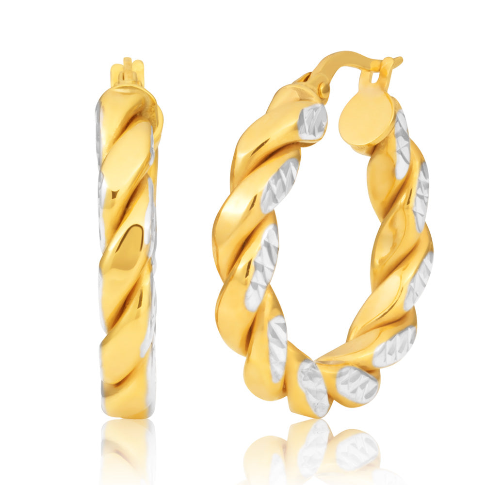 9ct Two Tone 15mm Fancy Twist Diamond Cut Hoop Earrings for Women - Elegant Gold and Silver Jewelry for Party, Wedding & Everyday Wear
