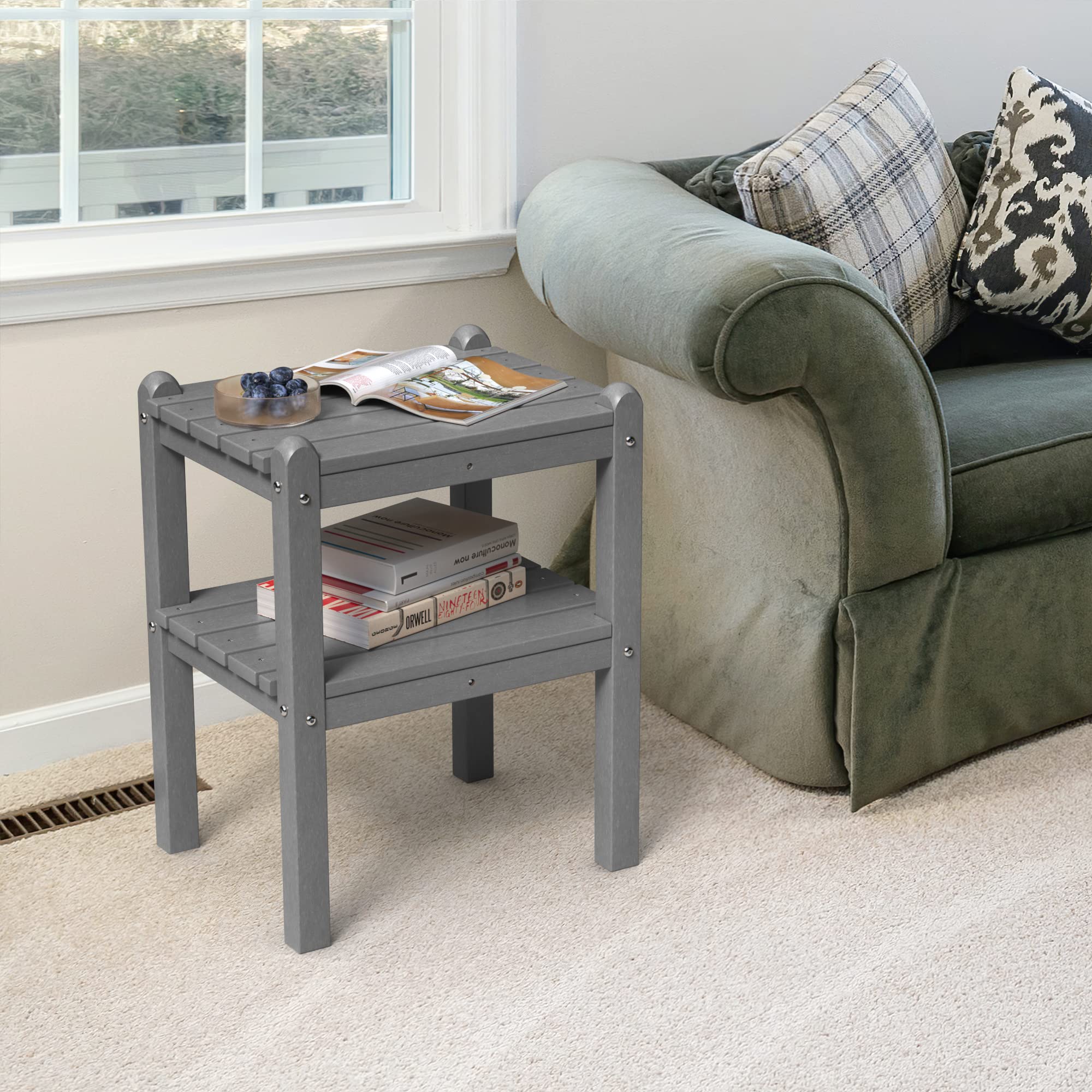 TORVA 2-Tier Outdoor Side Table - Weather-Resistant Adirondack End Table for Patio, Deck, Pool & Garden - Easy Maintenance Rectangular Side Table for Indoor/Outdoor Use - Perfect for Backyard, Porch & Outdoor Living Spaces (Grey)