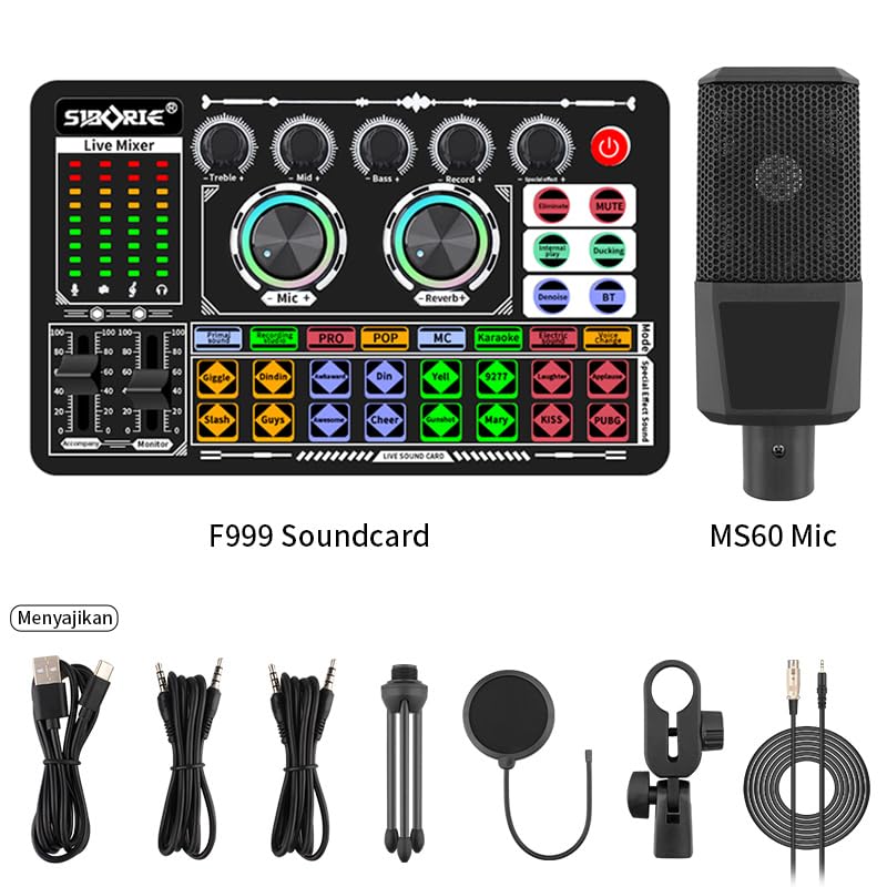 F999 Professional Podcast Equipment Bundle - Audio Interface, Voice Changer, MS60 Condenser Mic, Stand & DJ Mixer | Perfect for Live Streaming, Karaoke, Gaming & Home Studio Recording