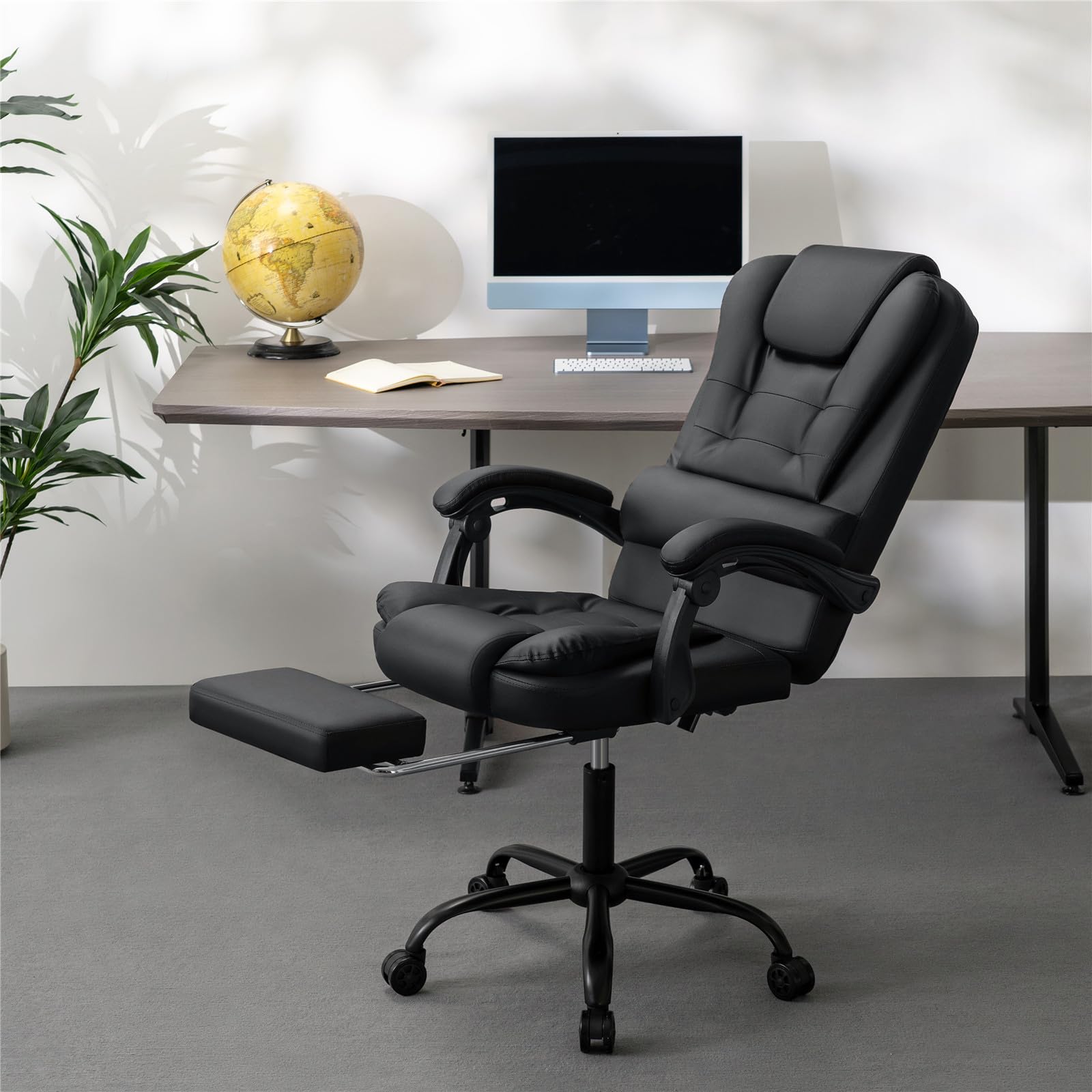 Premium Executive Office Chair with Massage & Reclining - Ergonomic High Back Computer Desk Chair with Adjustable Footrest - Soft Leather Home Office Chair (Black) - Perfect for Long Work Hours & Home Office Comfort