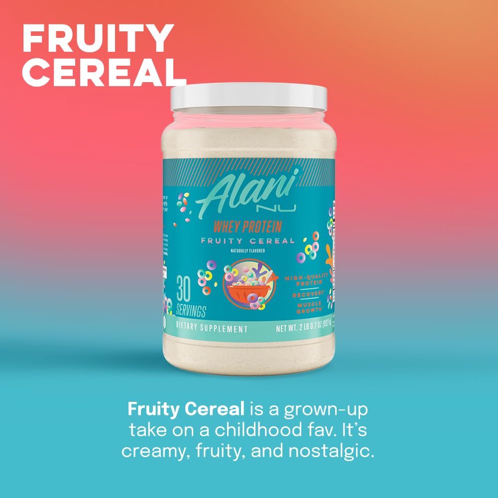 Alani Nu Whey Protein Powder - Fruity Cereal Flavor | 23g Protein, Low Sugar & Digestive Enzymes | Meal Replacement & Post-Workout Supplement | Low Fat, Low Carb Whey Isolate Protein Blend | 30 Servings for Gym, Weight Loss & Healthy Lifestyle