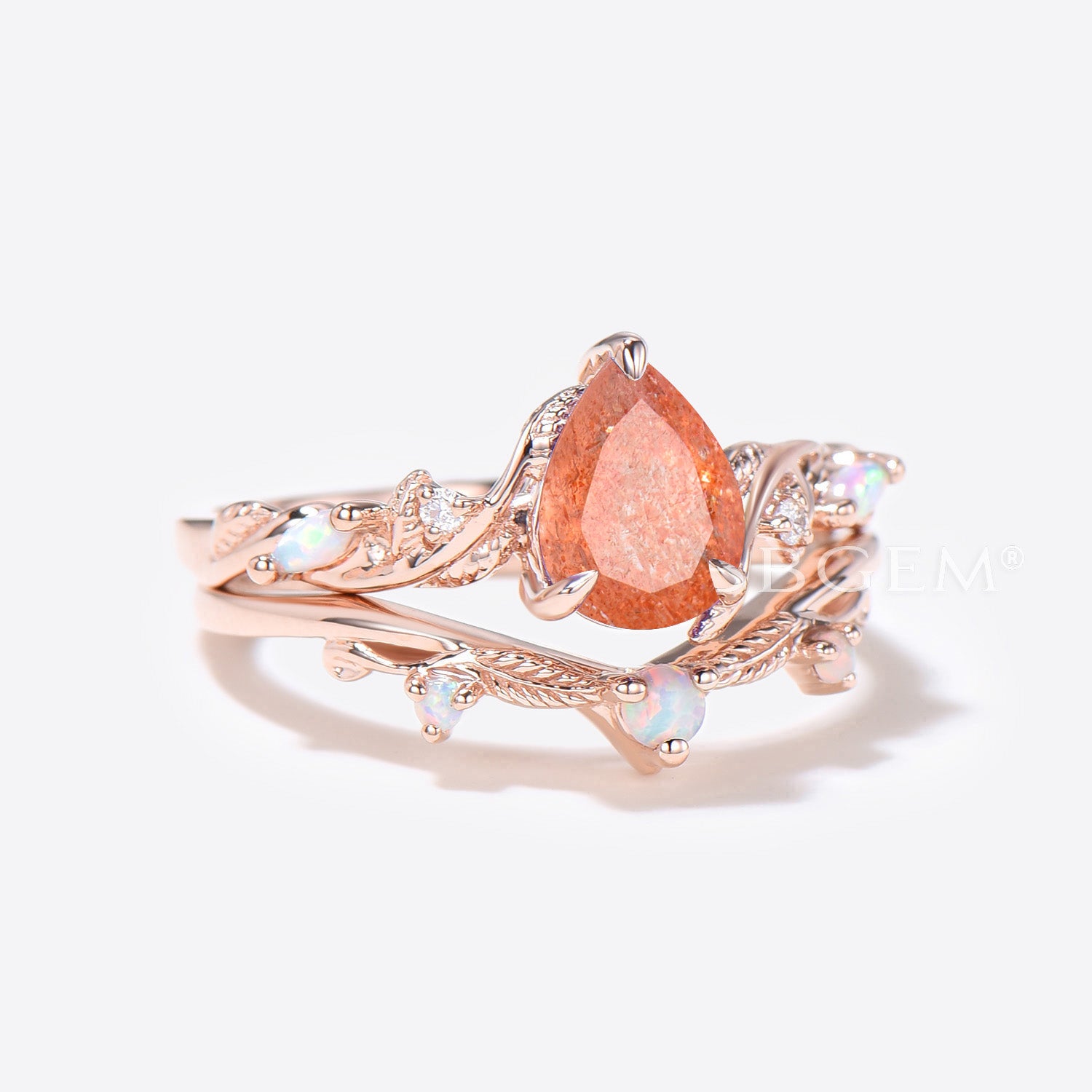 Twig Vine Pear Shaped Sunstone Engagement Ring Leaf Opal Bridal Set - Elegant Nature-Inspired Wedding Jewelry for Brides & Engagement Proposals