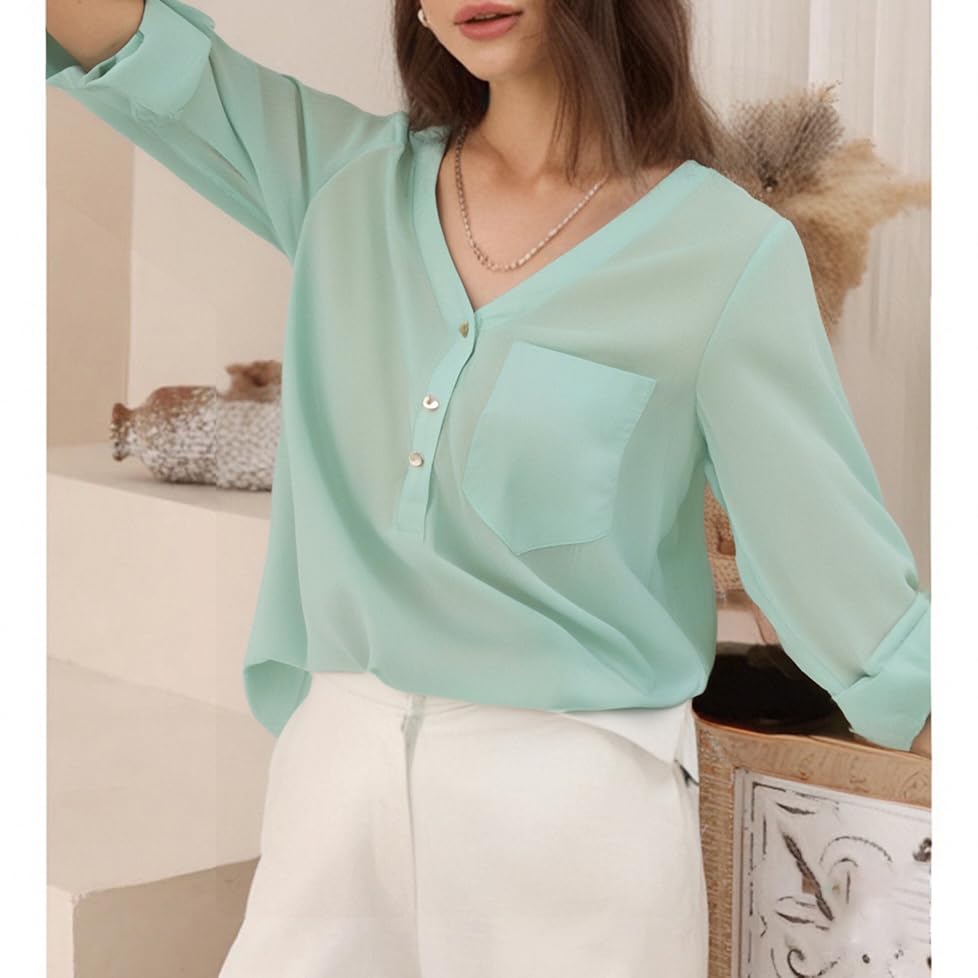 Elegant Women's V-Neck Long Sleeve Chiffon Blouse - Flowy Dressy Casual Top for Work, Office & Evening Out | Perfect for Business Attire, Date Night & Special Occasions