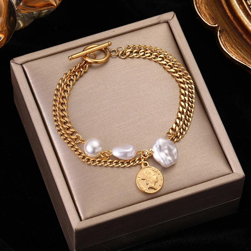 Stainless Steel Heart Pearl Charm Bracelet for Girls - Elegant Jewelry Gift for Women, Teens, Birthday, Valentine's Day, Party Wear
