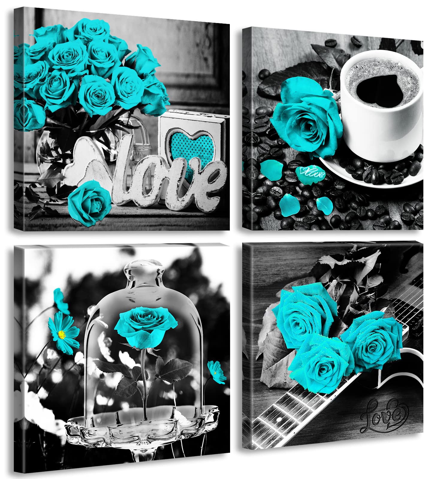 Turquoise Rose Canvas Wall Art Set - 4 Piece 12x12 Inch Framed Floral Prints for Bedroom, Living Room & Kitchen Decor | Modern Home Accessories & Gift Idea