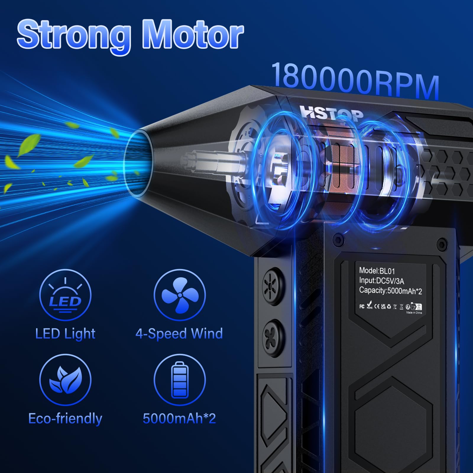 HSTOP 180,000 RPM Electric Air Duster with Flashlight - 10,000mAh Rechargeable Compressed Air Blower, 4-Speed Turbo Fan for Dusting Electronics, Keyboards, Cars & Home Cleaning - Multipurpose Jet Air Blower with Assist Lighting for PC, Laptop & Workshop Use
