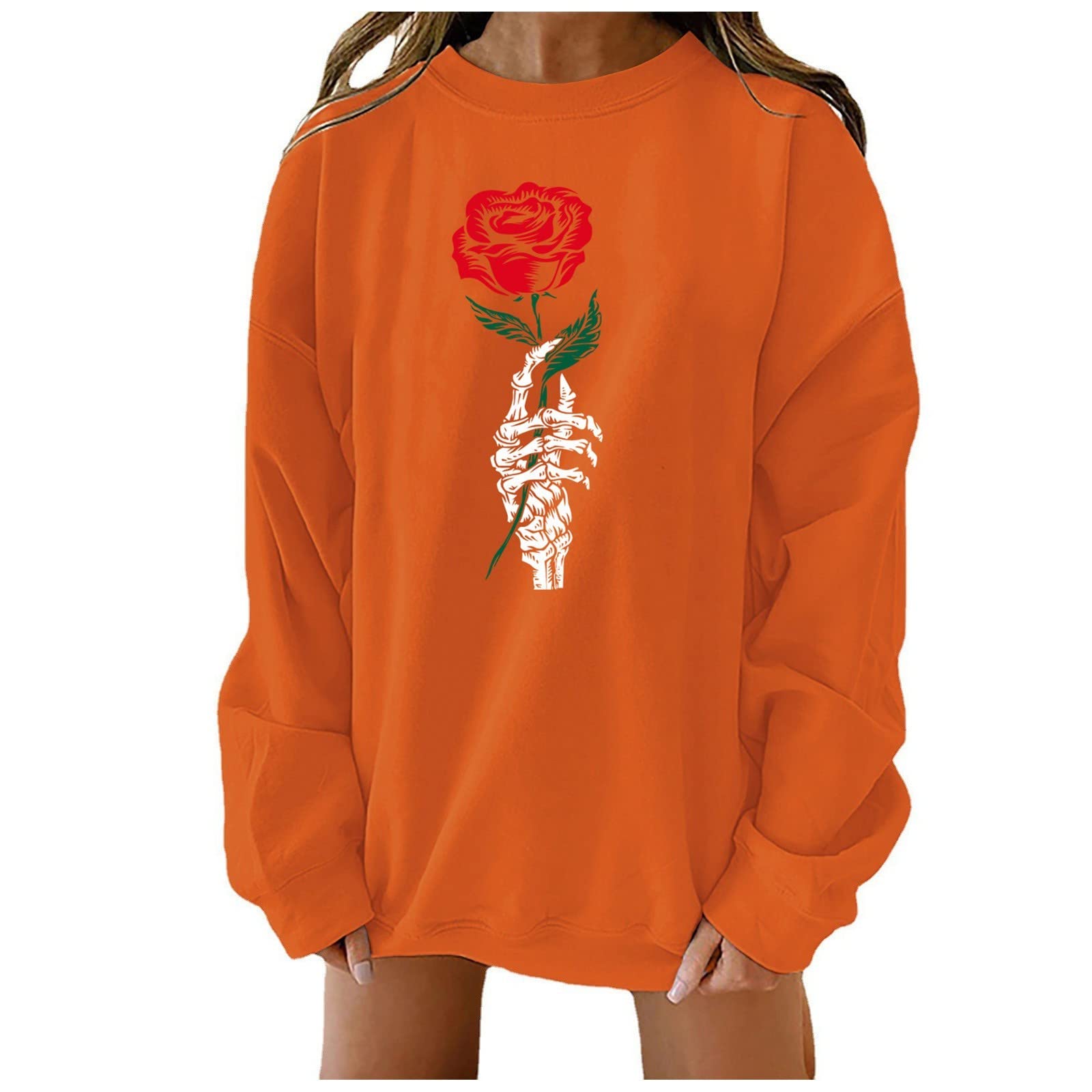 Women's Halloween Long Sleeve Sweatshirt - Pumpkin Skull Skeleton Print Vintage Funny Graphic Pullover | Perfect for Halloween Parties, Costume Events & Spooky Seasonal Outfits