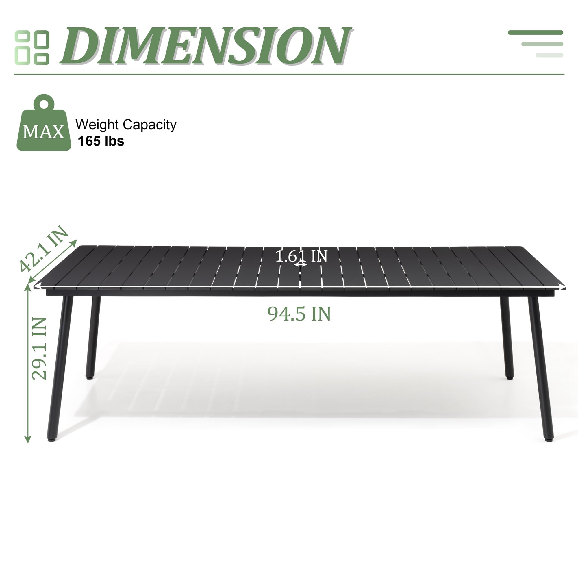 94.5 Inch Outdoor Dining Table - Weather-Resistant Patio Table with Wooden-Like Top & Aluminum Frame, Rectangle Outdoor Furniture with Umbrella Hole (Black) - Perfect for Backyard BBQs, Poolside Gatherings & Garden Parties