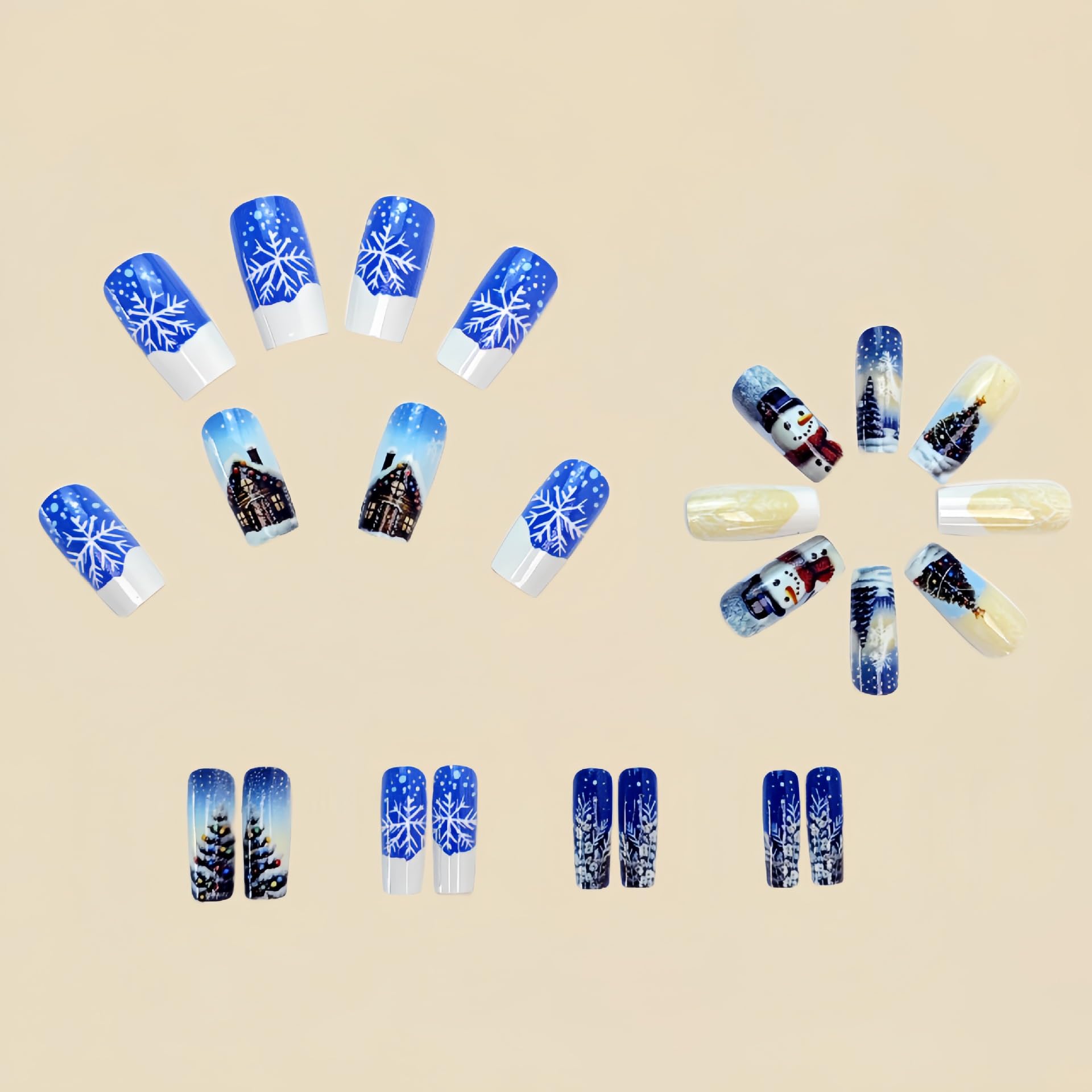 Christmas Press On Nails - Medium Square Blue & White Xmas Nails with Snowman, Snowflake & Holiday Designs - 24Pcs Glossy Acrylic False Nails for Women - Perfect for Holiday Parties, Gift Giving & Winter Nail Art
