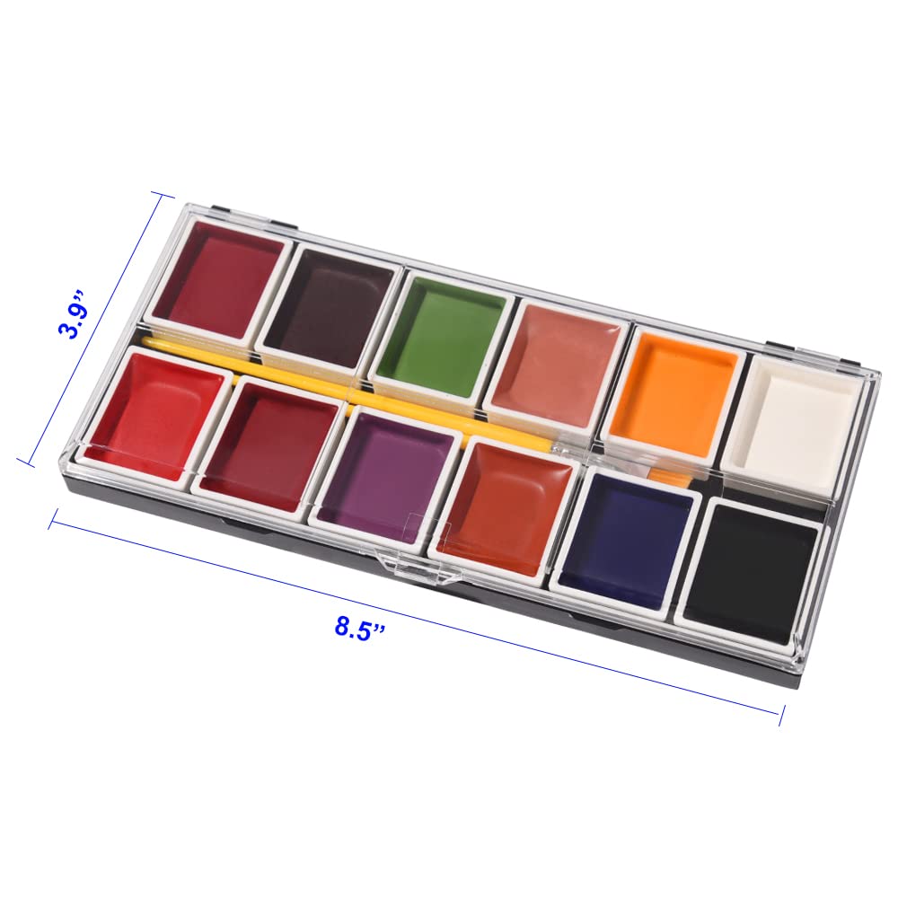 12 Colors Alcohol Activated Makeup Palette Set with Mimic Wound Sponge Egg - Professional SFX Halloween & Theater Makeup Kit for Special Effects, Cosplay and Costume Parties